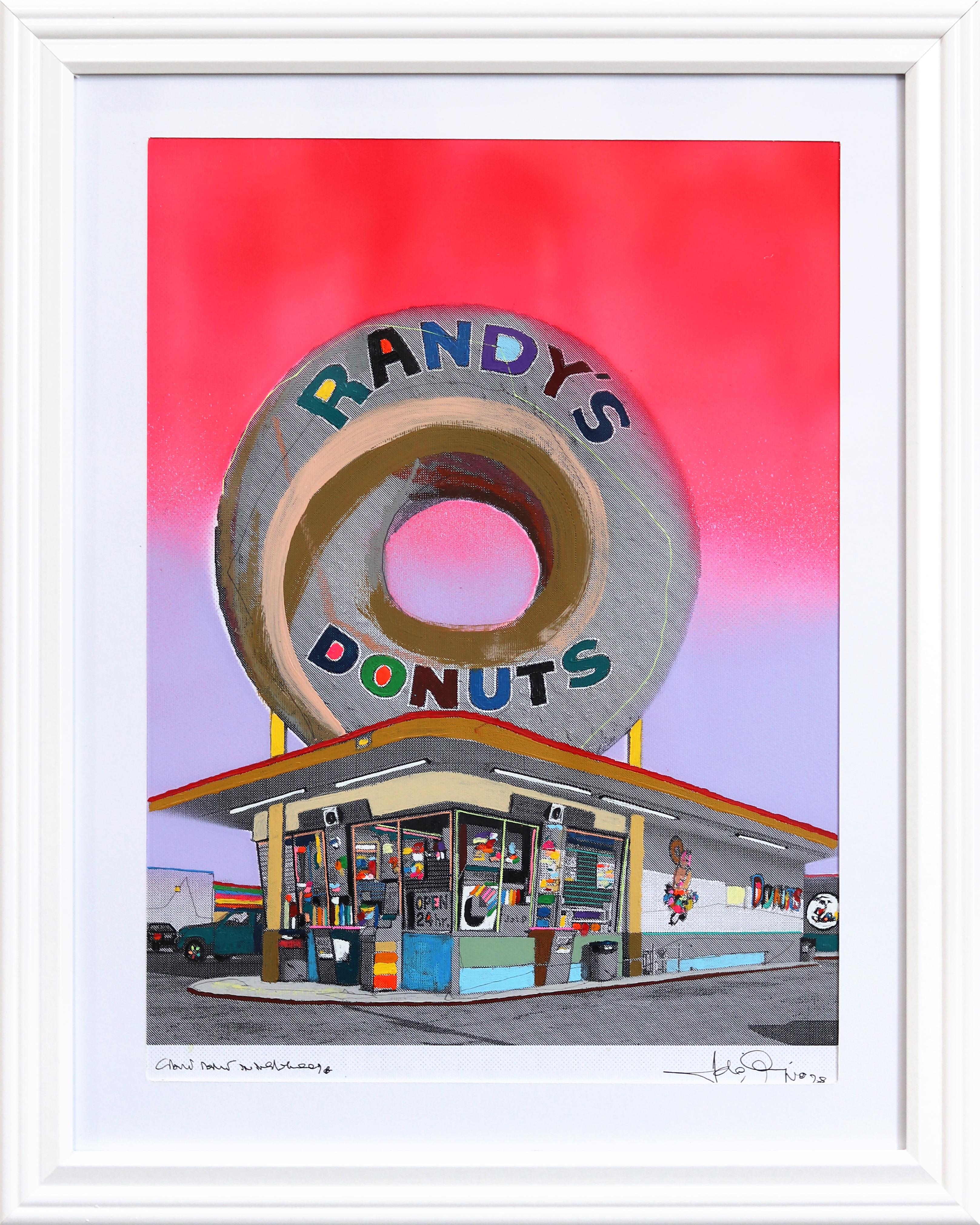 Riesiger Donut in Inglewood #38 - Original buntes Stillleben gemischtes Medienkunstwerk – Mixed Media Art von Fabio Coruzzi