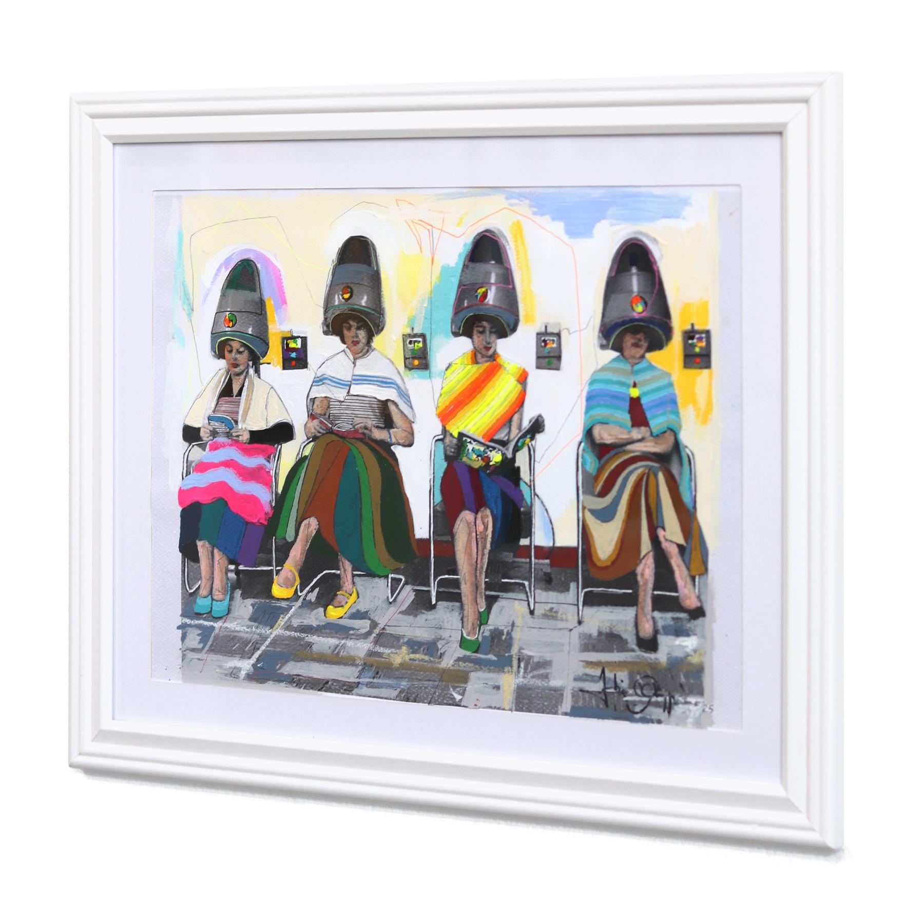 Gossip #12 - Original farbenfrohe lebendige figurative gemischte Medien texturale Kunstwerk im Angebot 1