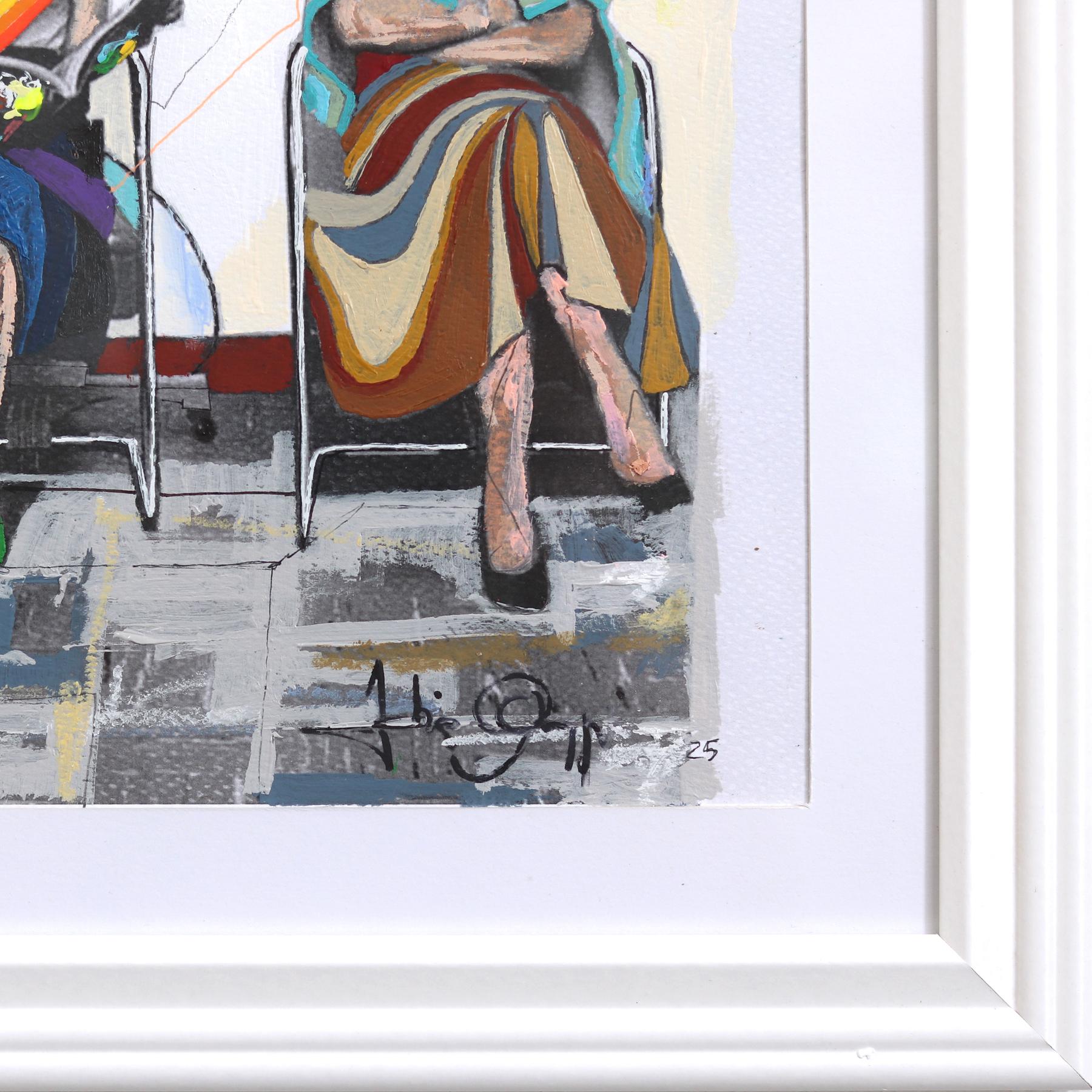 Gossip #12 - Original farbenfrohe lebendige figurative gemischte Medien texturale Kunstwerk im Angebot 5