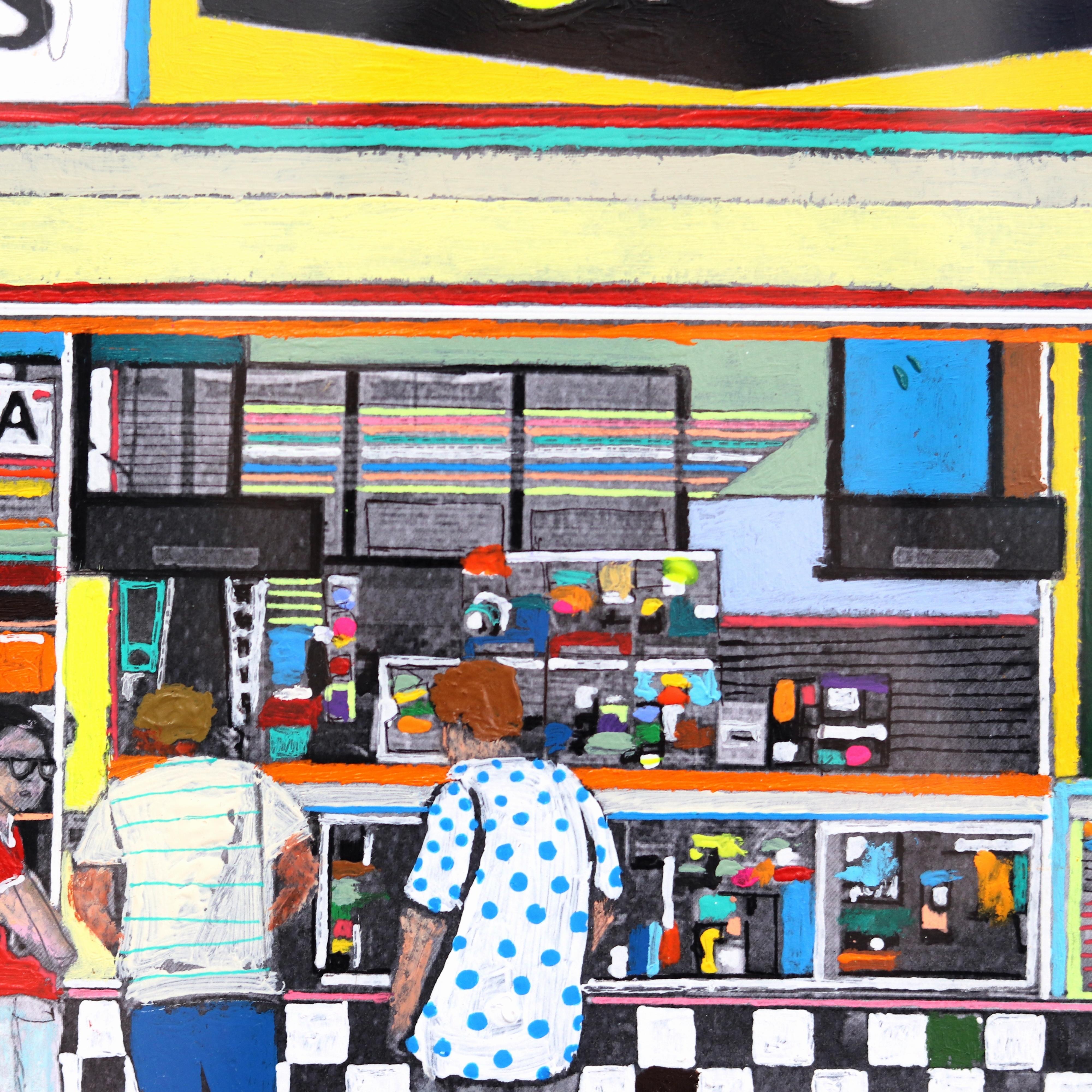 Hidden Corner Donut Shop - Colorful Urban Environment Original Painting For Sale 2