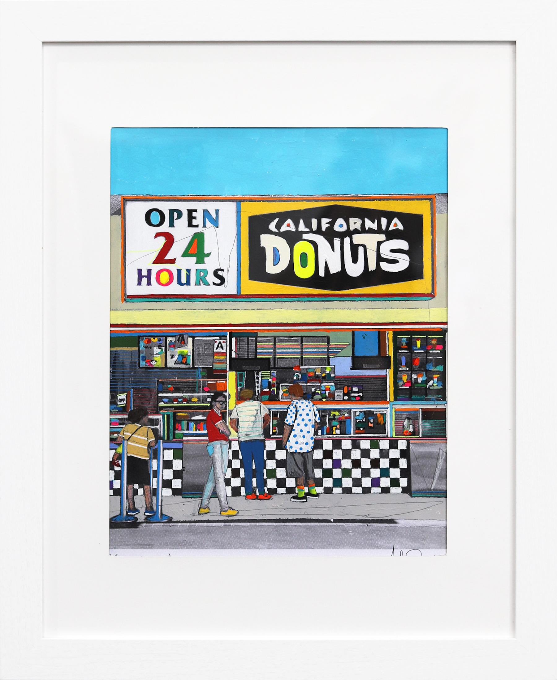 Fabio Coruzzi Landscape Painting - Hidden Corner Donut Shop - Colorful Urban Environment Original Painting