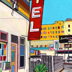 Hollywood Motel - Nature morte abstraite originale aux couleurs vives Mixed Media Art
