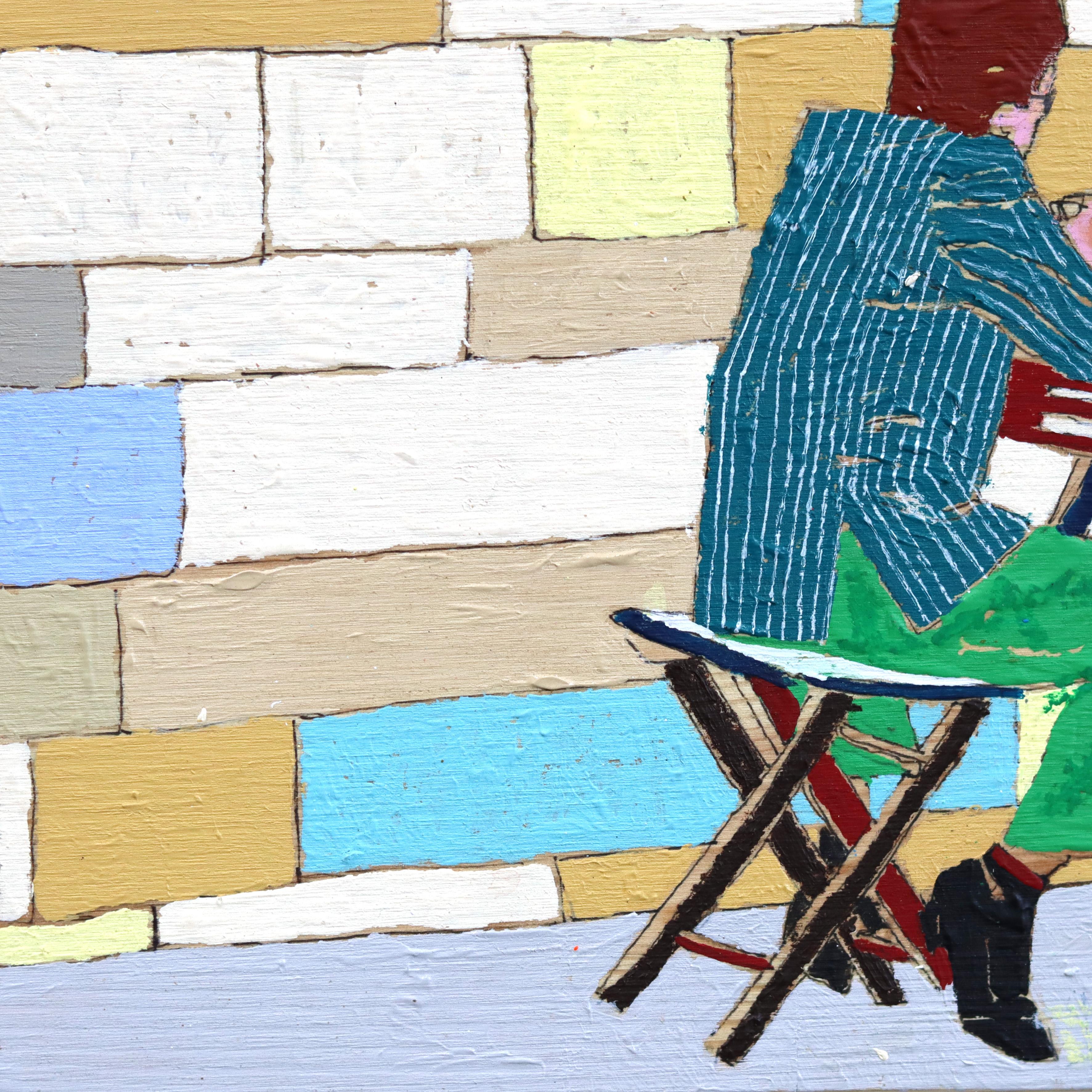 Lifestyle - Original farbenfrohe skurrile figurative gemischte Medien Kunstwerk auf Holz im Angebot 2