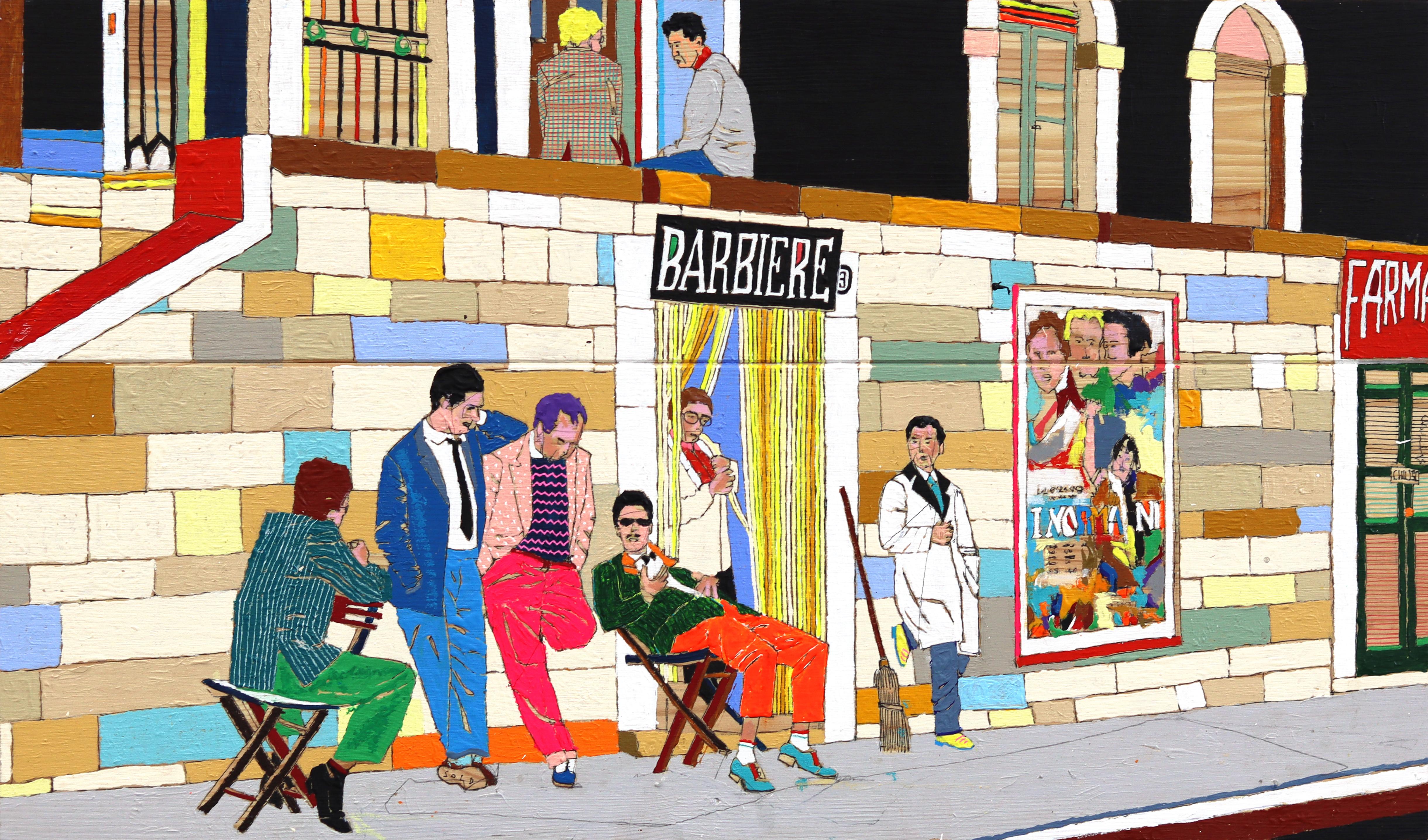 Lifestyle - Original farbenfrohe skurrile figurative gemischte Medien Kunstwerk auf Holz