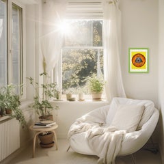 One Tent #3 - Opera d'arte figurativa astratta, colorata, con cornice, realizzata con tecnica mista su carta