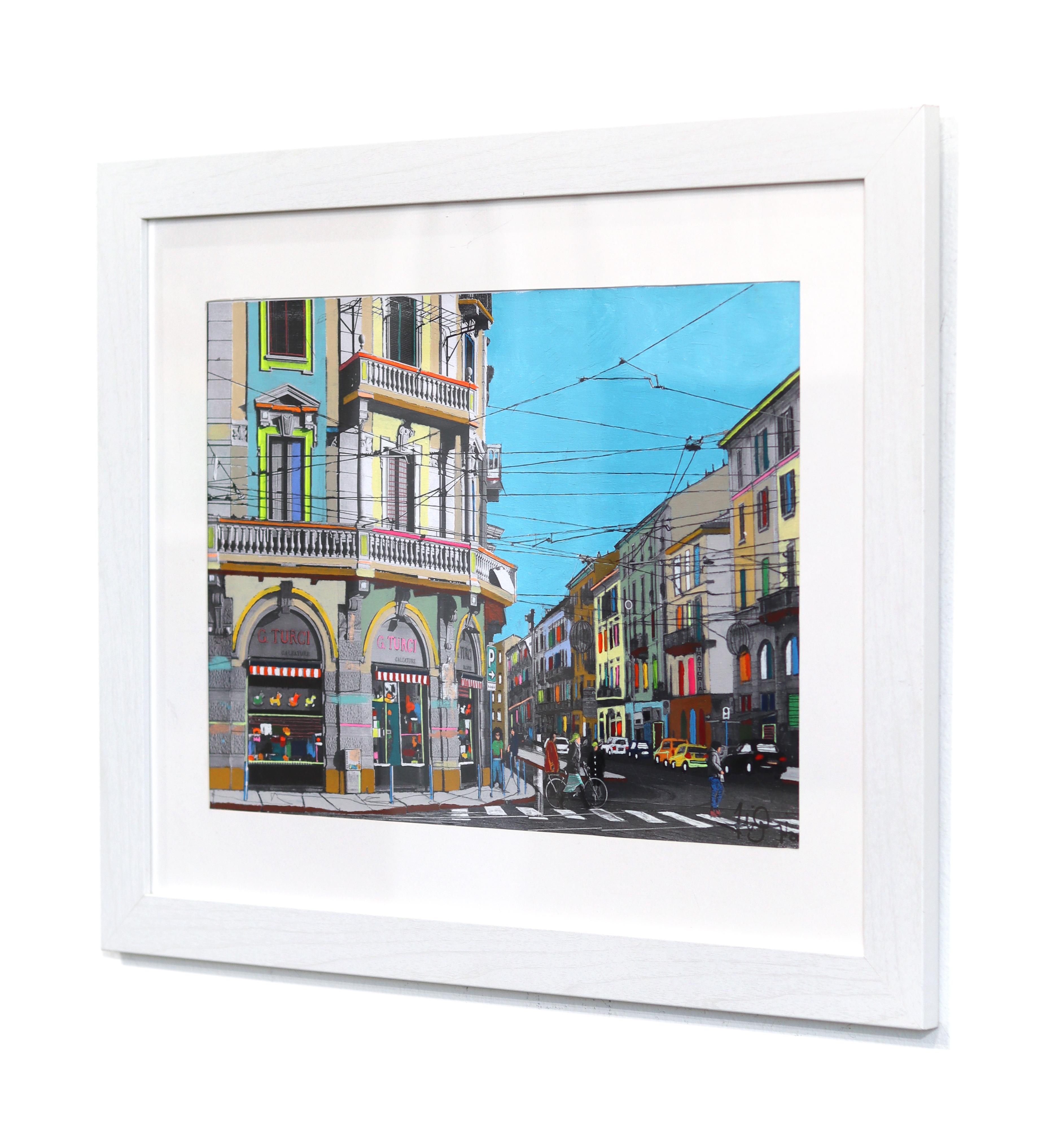 Porta Genova, Mailand - Original bunte Architektur Landschaft Mixed Media Kunst im Angebot 1