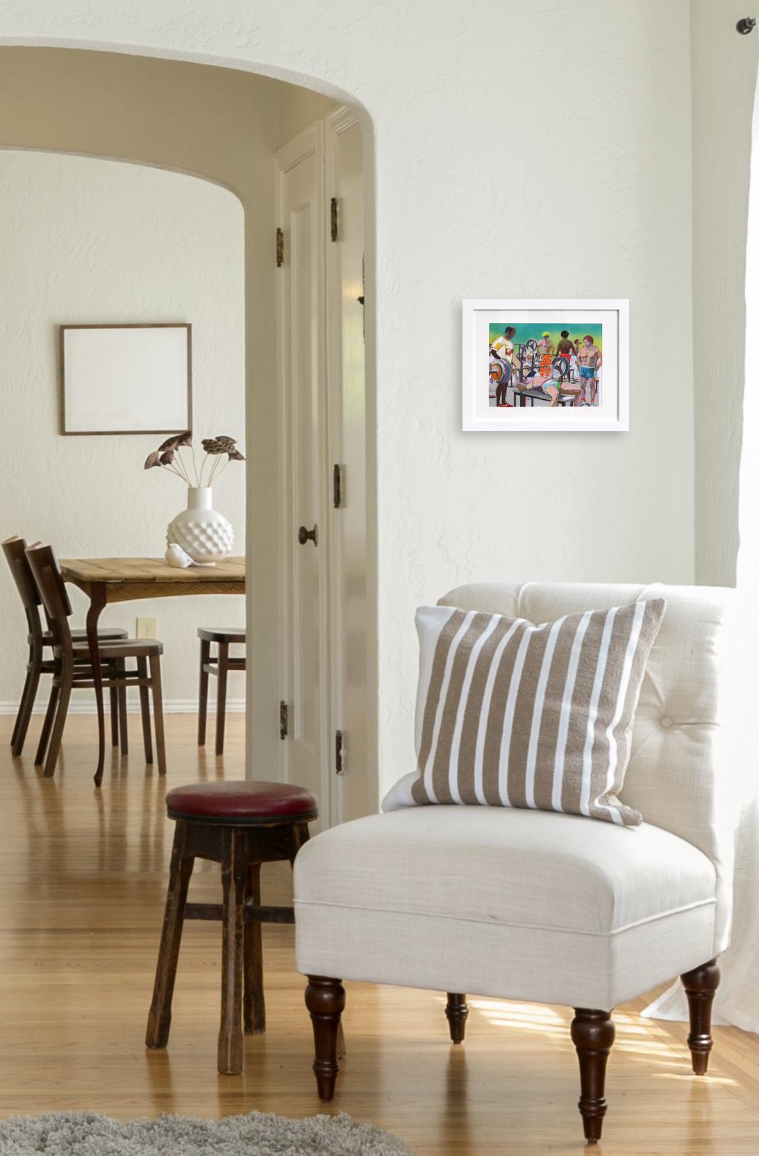 Pump - Original Colorful Retro Figurative Muscle Beach Still Life Painting - Pop Art Mixed Media Art by Fabio Coruzzi