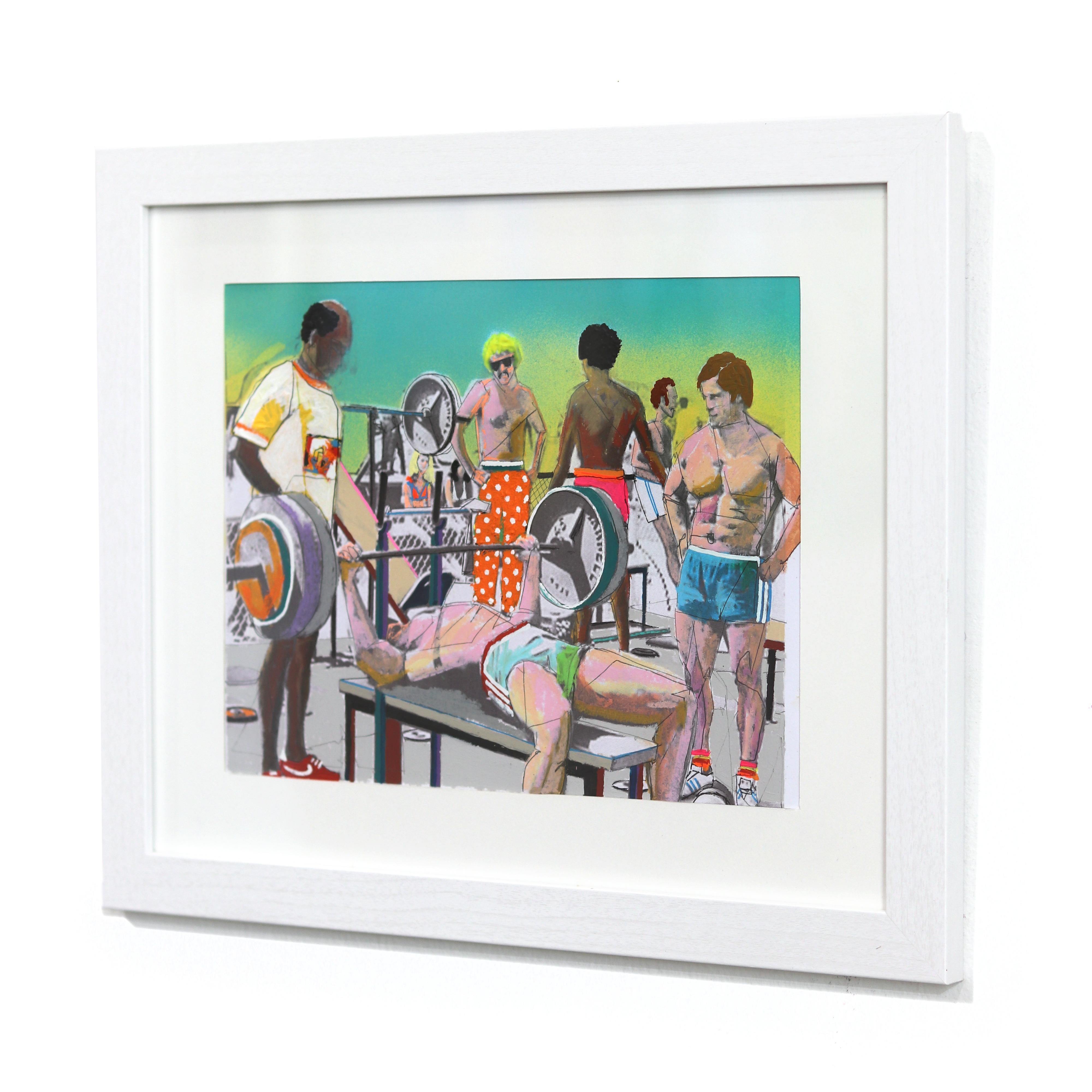 Pump - Original Colorful Retro Figurative Muscle Beach Still Life Painting For Sale 1