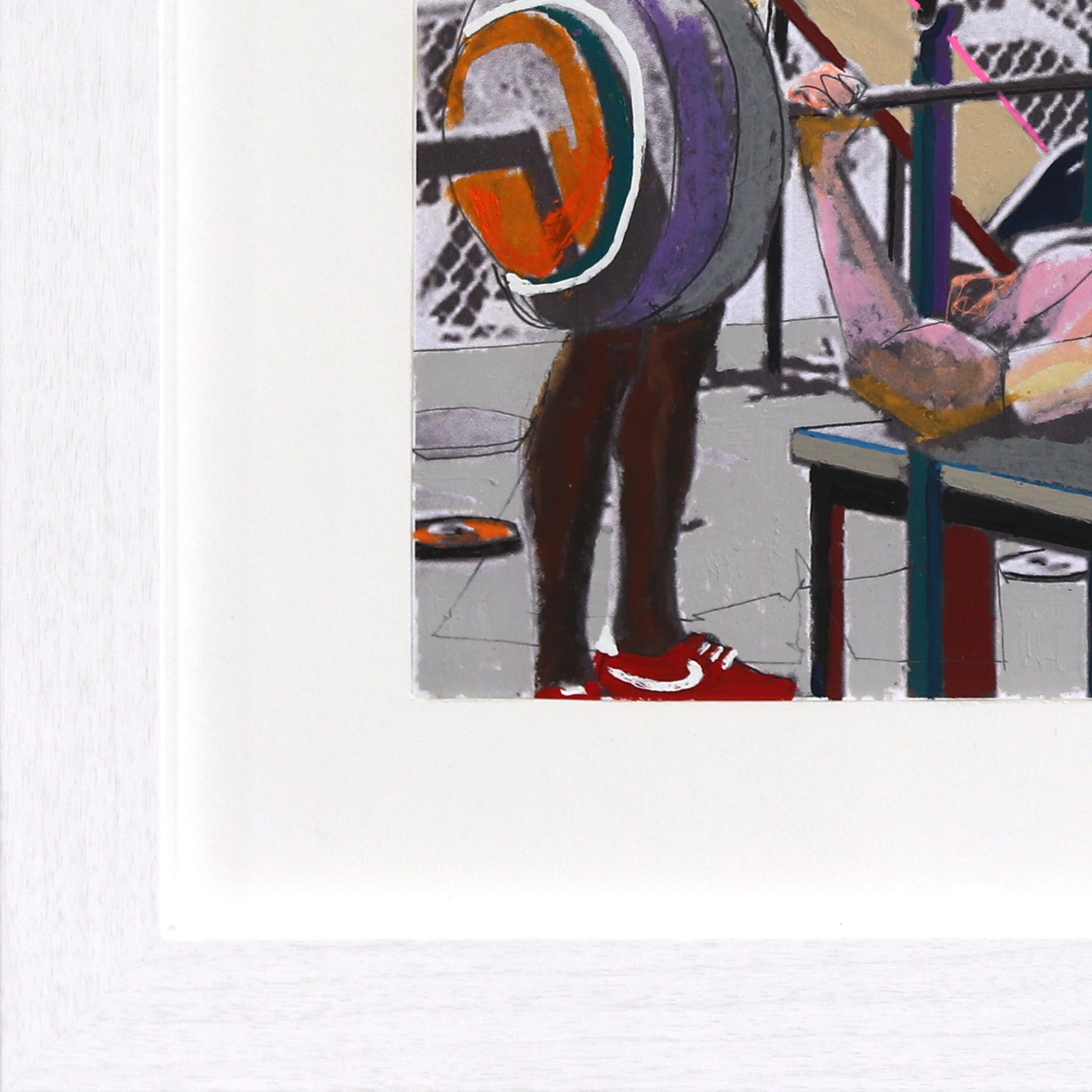 Pump - Original Colorful Retro Figurative Muscle Beach Still Life Painting For Sale 4