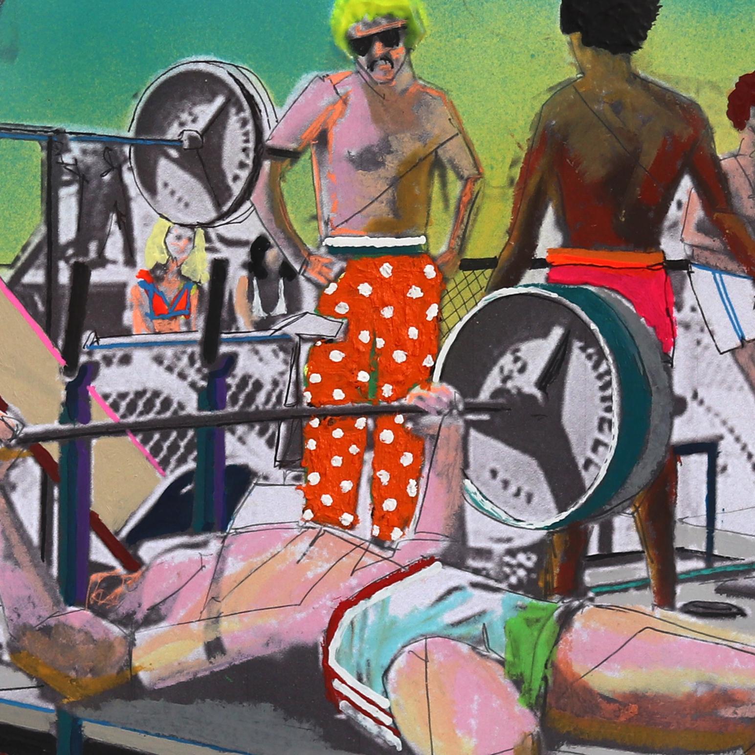 Pump - Original Colorful Retro Figurative Muscle Beach Still Life Painting For Sale 6