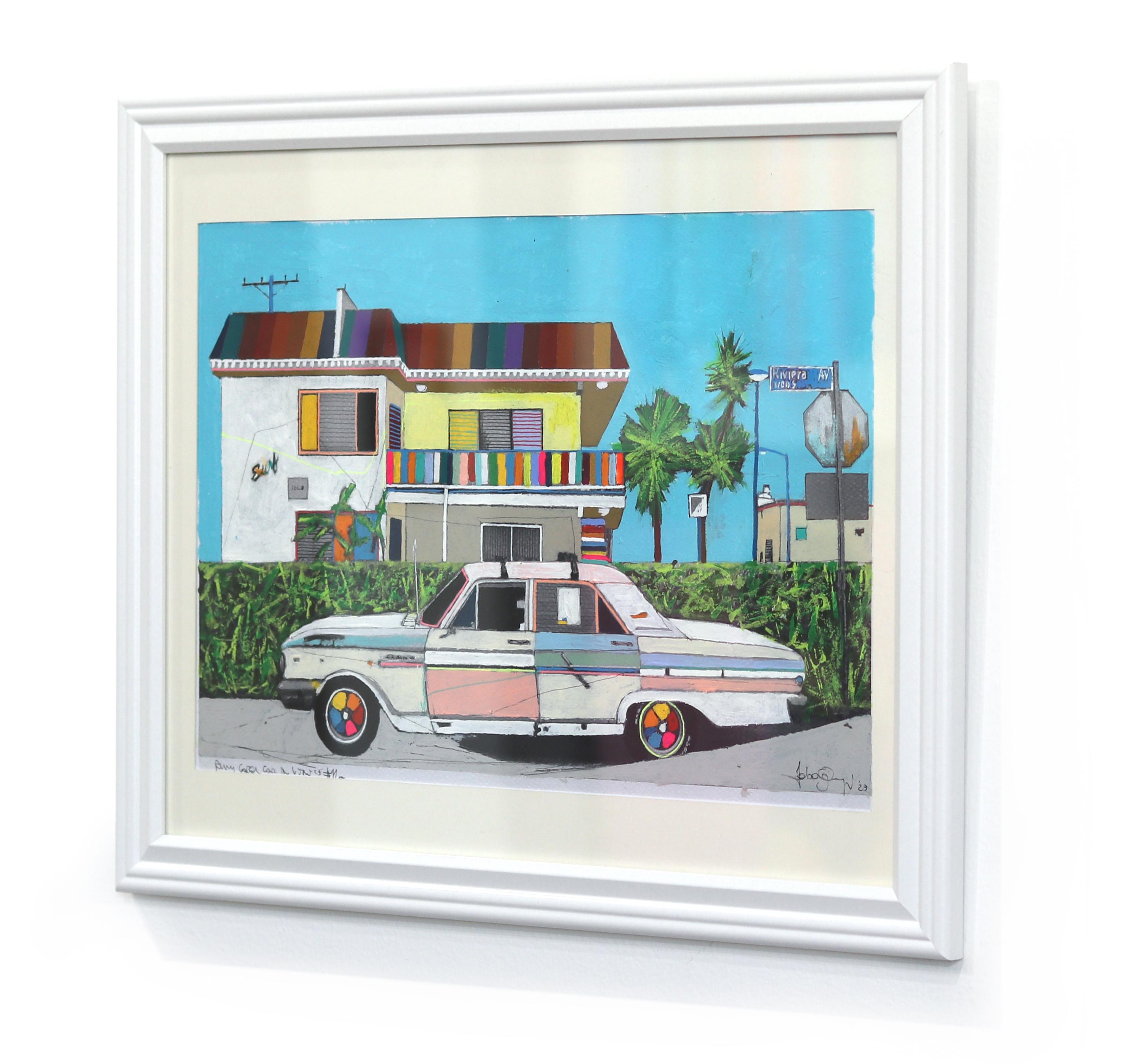 Rusty Cool Car in Venice - Colorful Original Still Life Painting on Paper For Sale 1