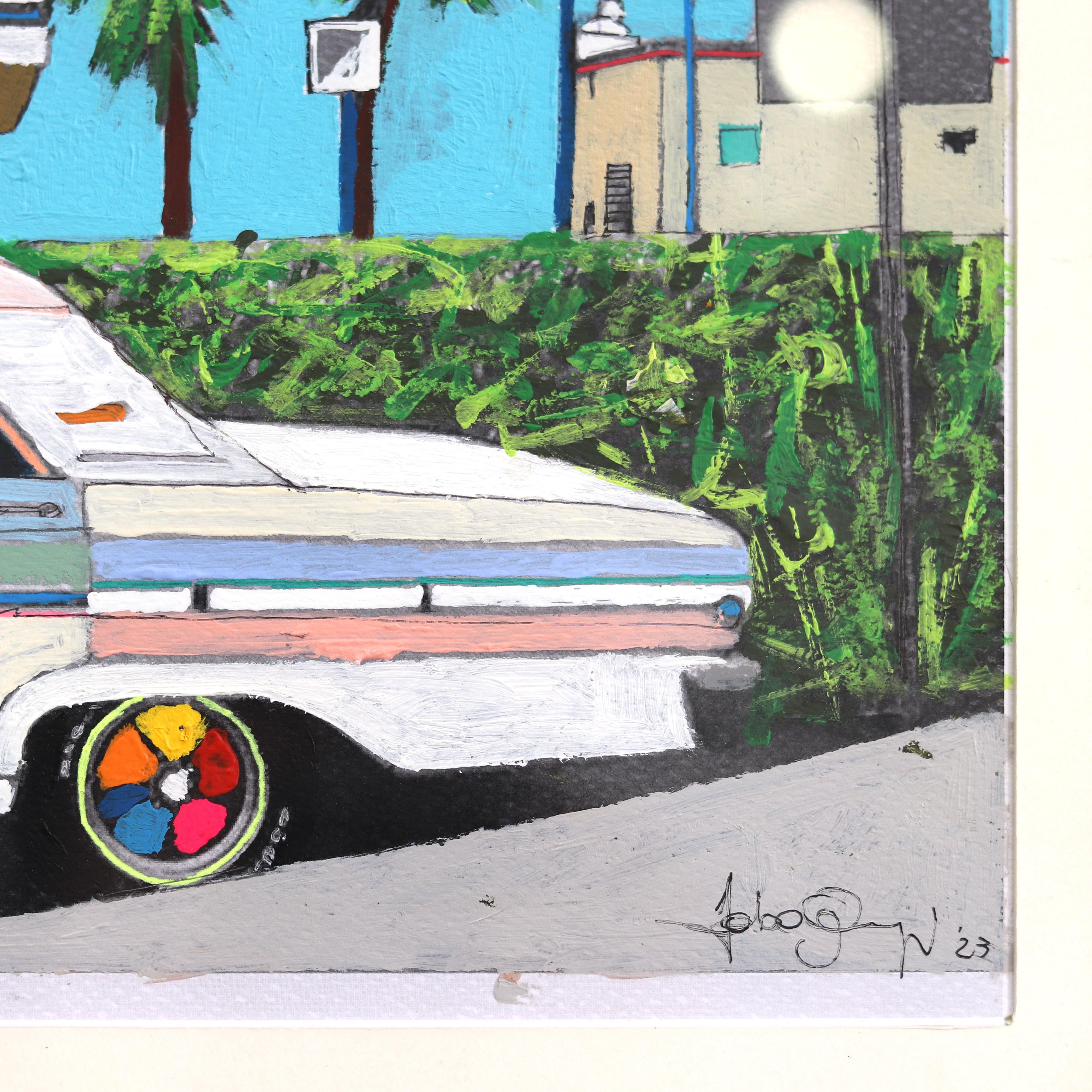 Rusty Cool Car in Venice - Colorful Original Still Life Painting on Paper For Sale 5