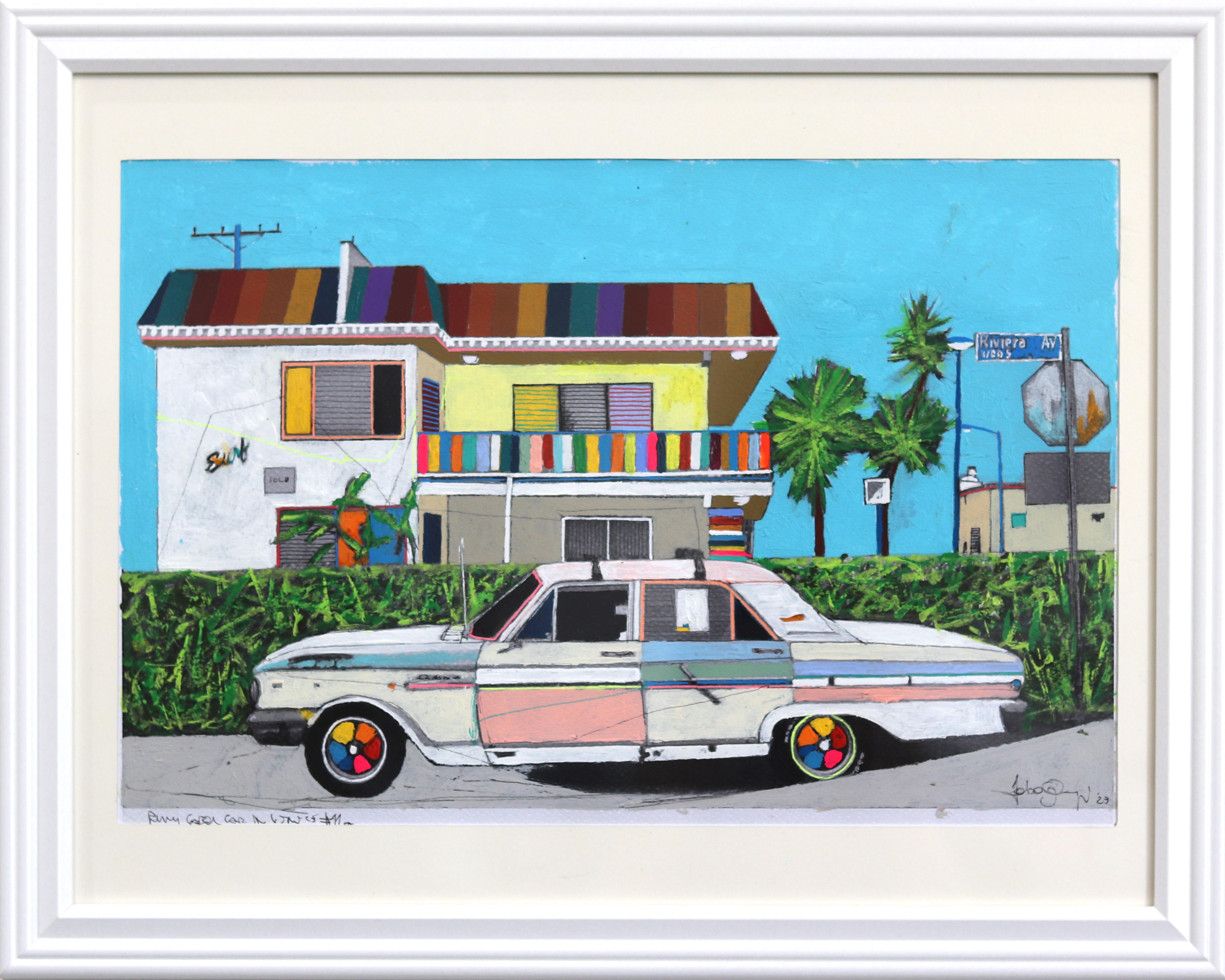 Coche chulo oxidado en Venecia - Colorido bodegón original pintado sobre papel