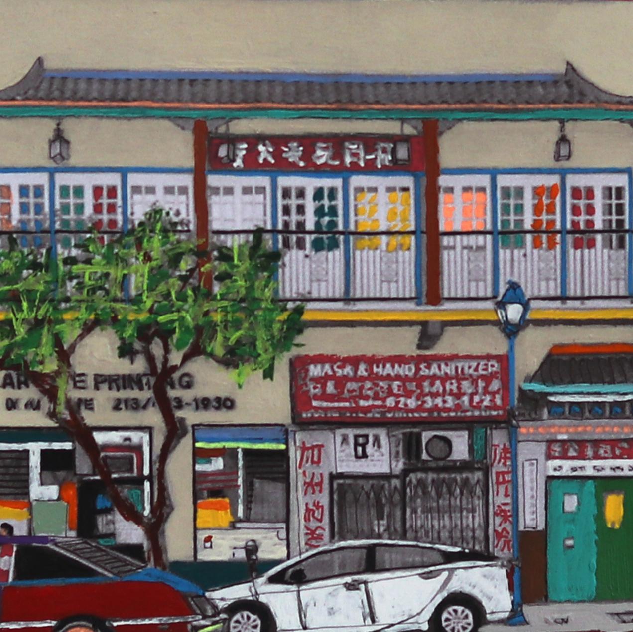 Chinesische Frühlingszeit, Chinatown – Original farbenfrohes Stadtstillleben, Pop-Kunstwerk im Angebot 3