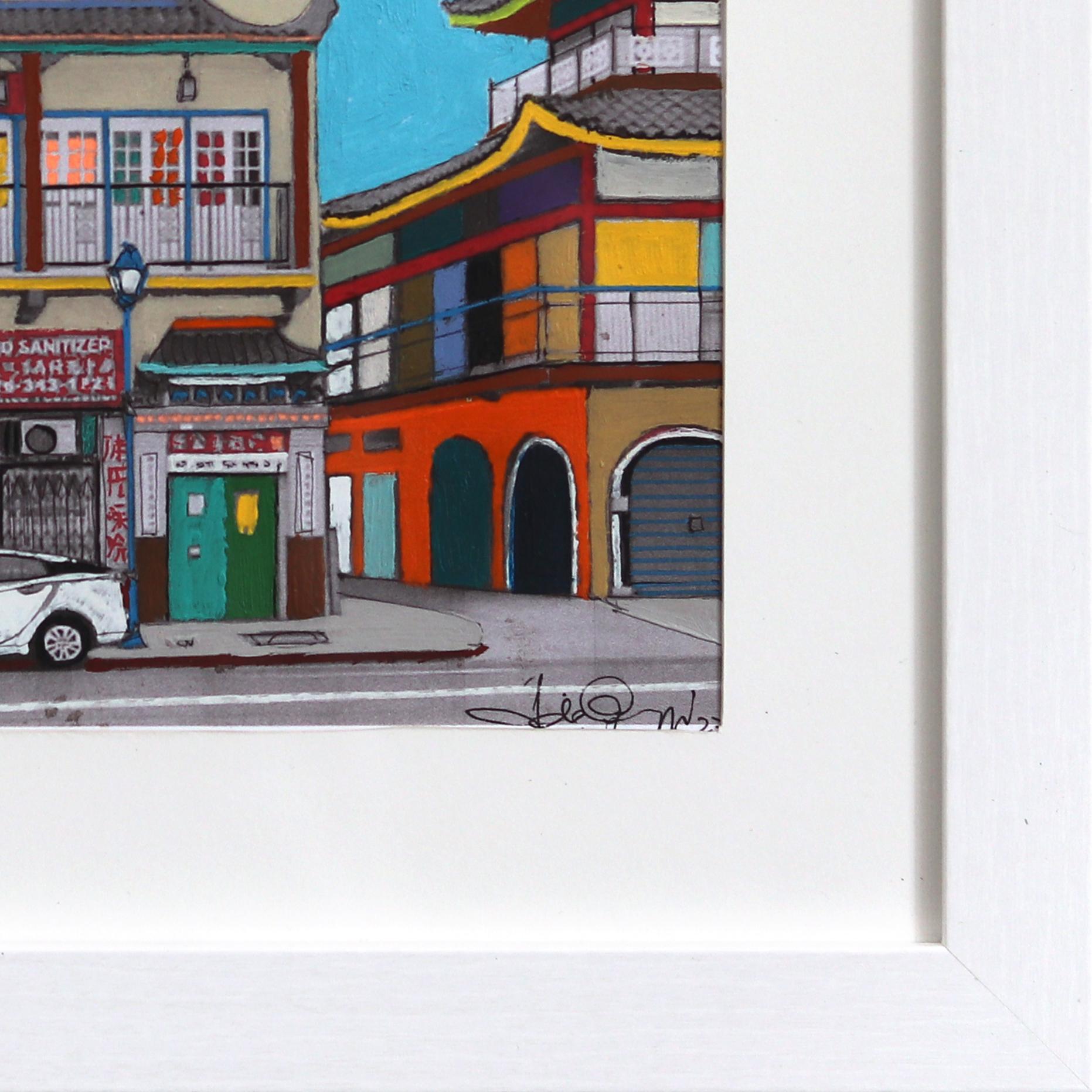 Chinesische Frühlingszeit, Chinatown – Original farbenfrohes Stadtstillleben, Pop-Kunstwerk im Angebot 4