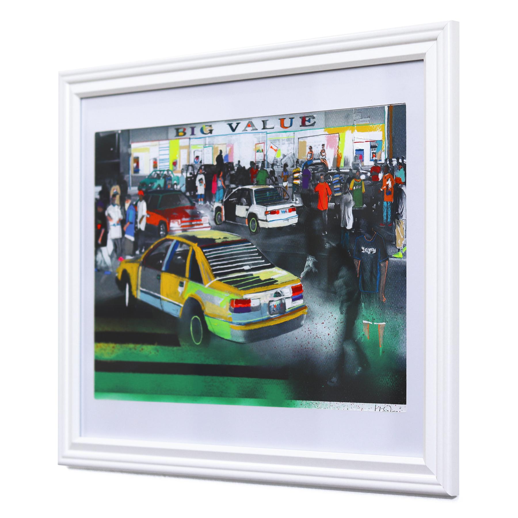 Street Life - Colorful Landscape Original Painting on Paper For Sale 1