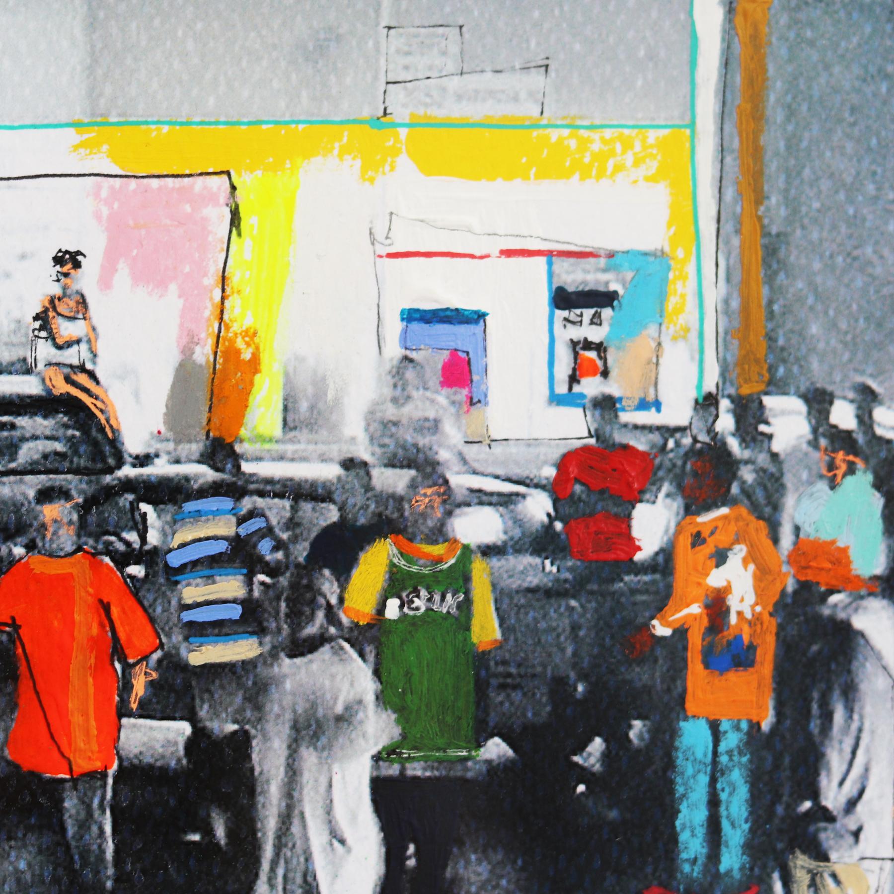 Street Life - Colorful Landscape Original Painting on Paper For Sale 2