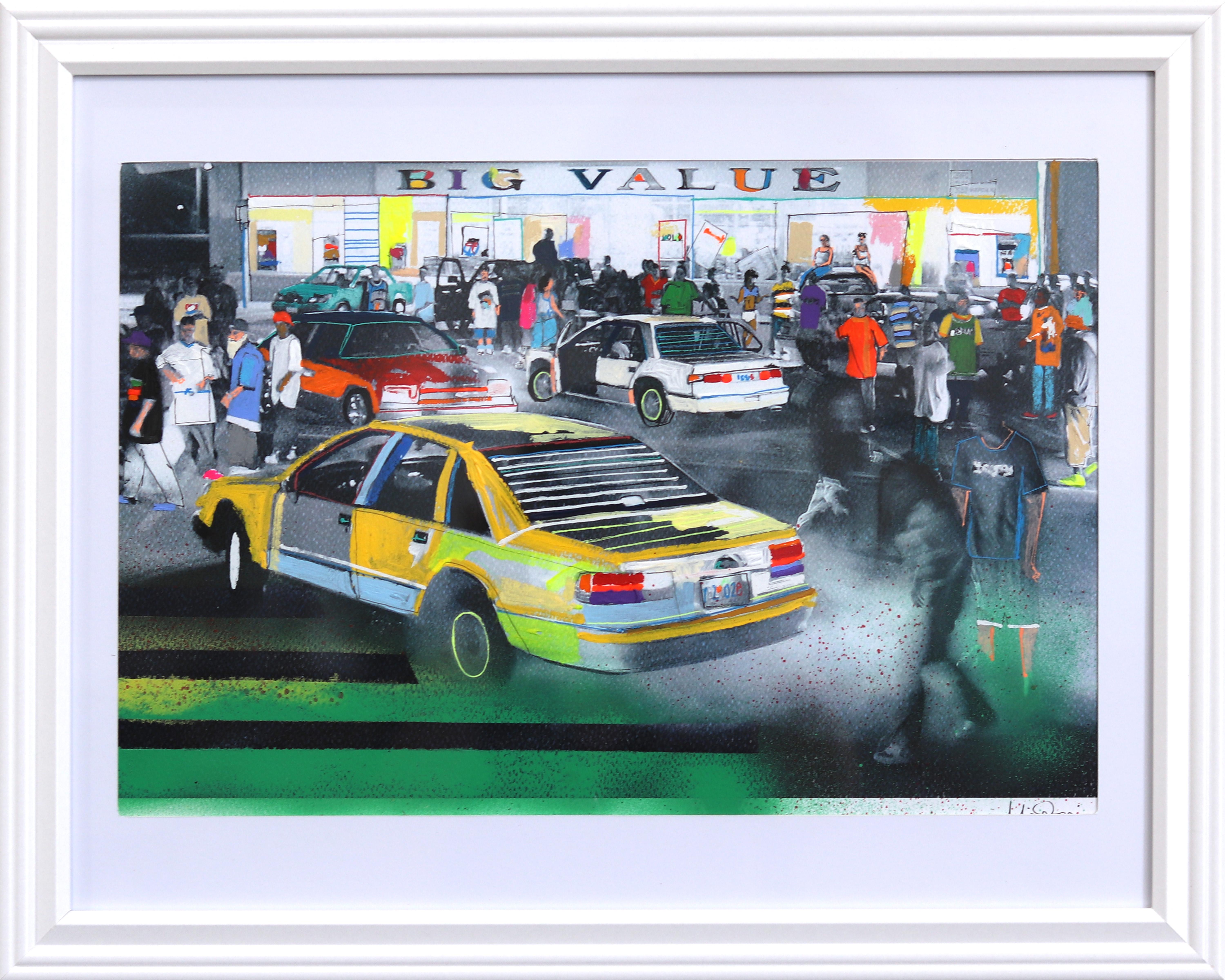 Street Life - Colorful Landscape Original Painting on Paper