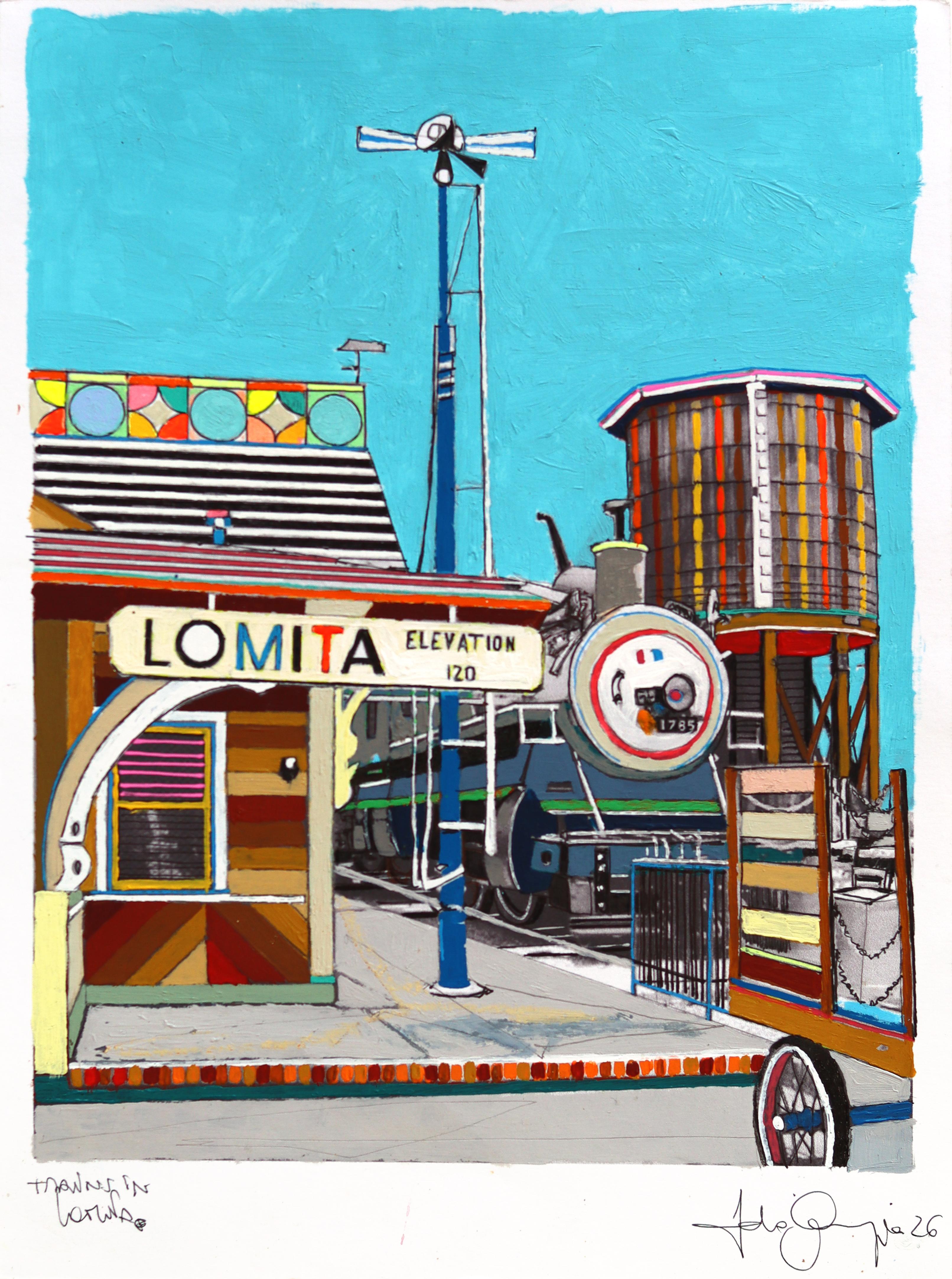 Züge in Lomita - Original abstrakte Stadtszene bunte gemischte Medien Kunst – Mixed Media Art von Fabio Coruzzi