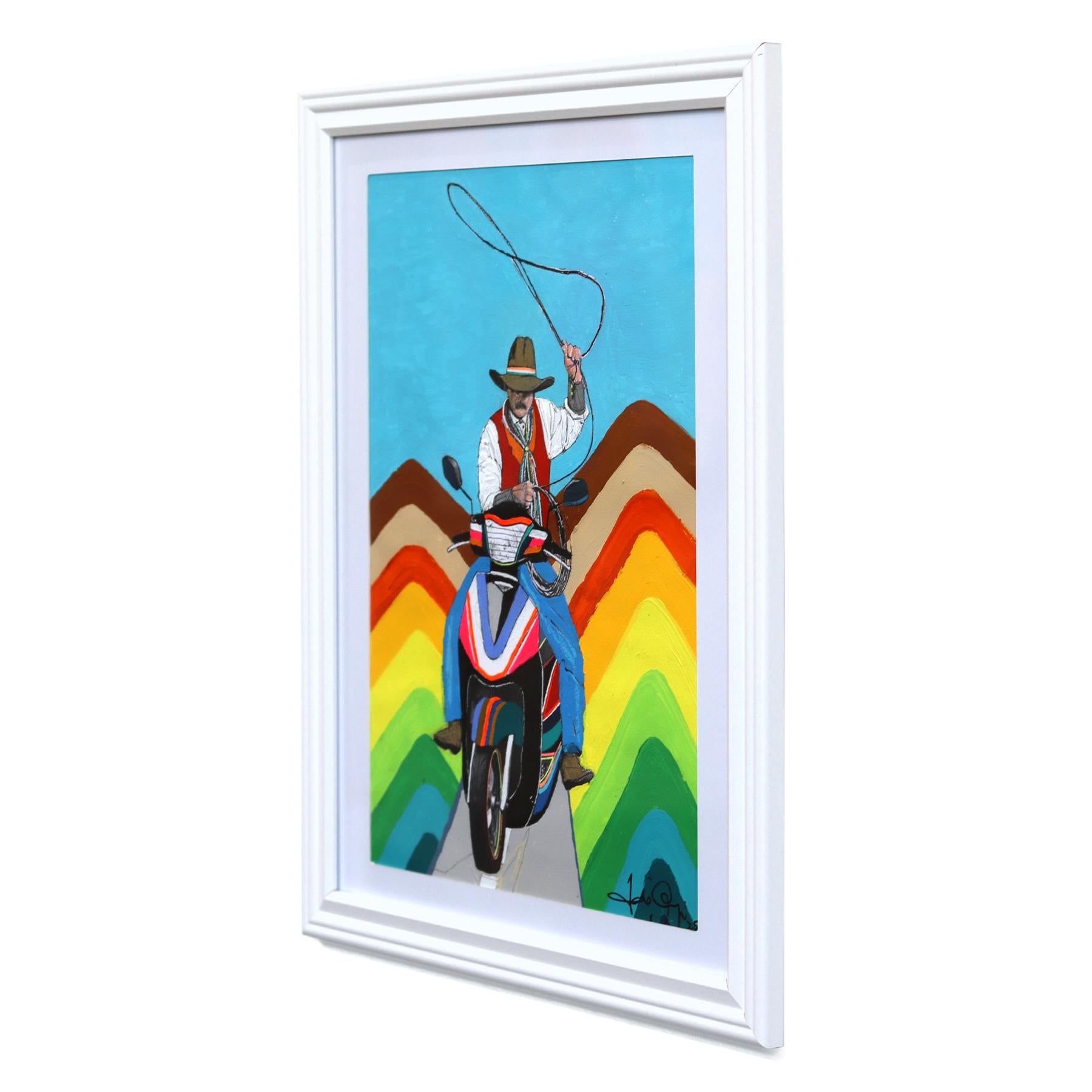 Urban Cowboy #2 - Original Colorful Rainbow Quirky Figurative Mixed Media Art - Beige Figurative Painting by Fabio Coruzzi