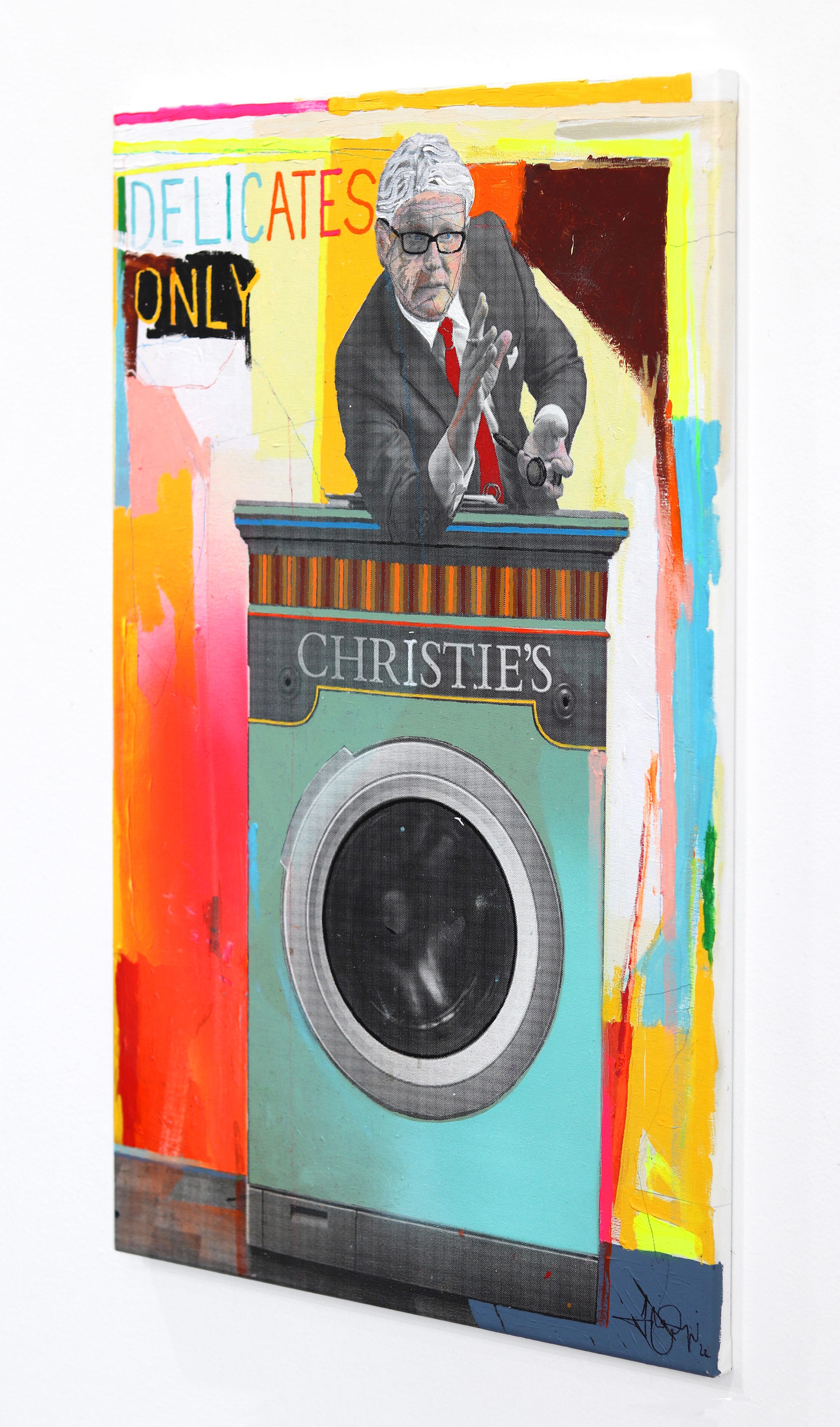 Coffre à couvertures coloré, Commentaire culturel moderne et figuratif, peinture d'origine - Beige Figurative Painting par Fabio Coruzzi