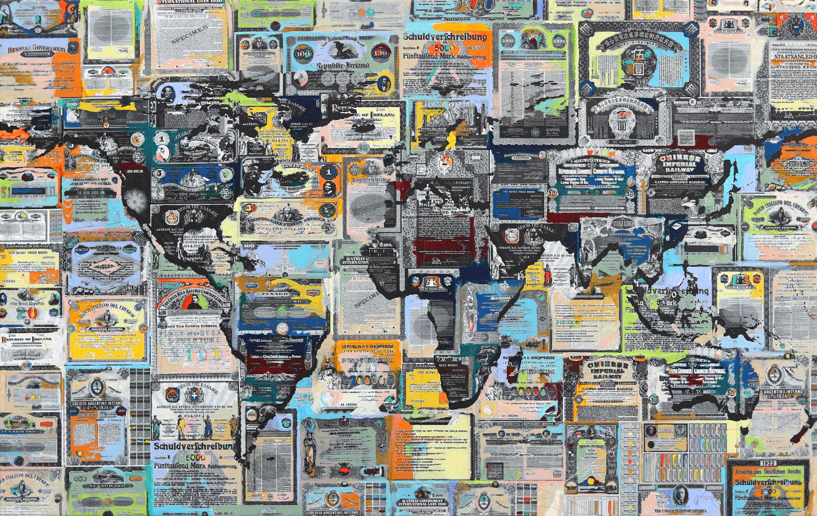 Geobond - Authentique carte urbaine colorée - peinture sur monnaie - Mixed Media Art de Fabio Coruzzi
