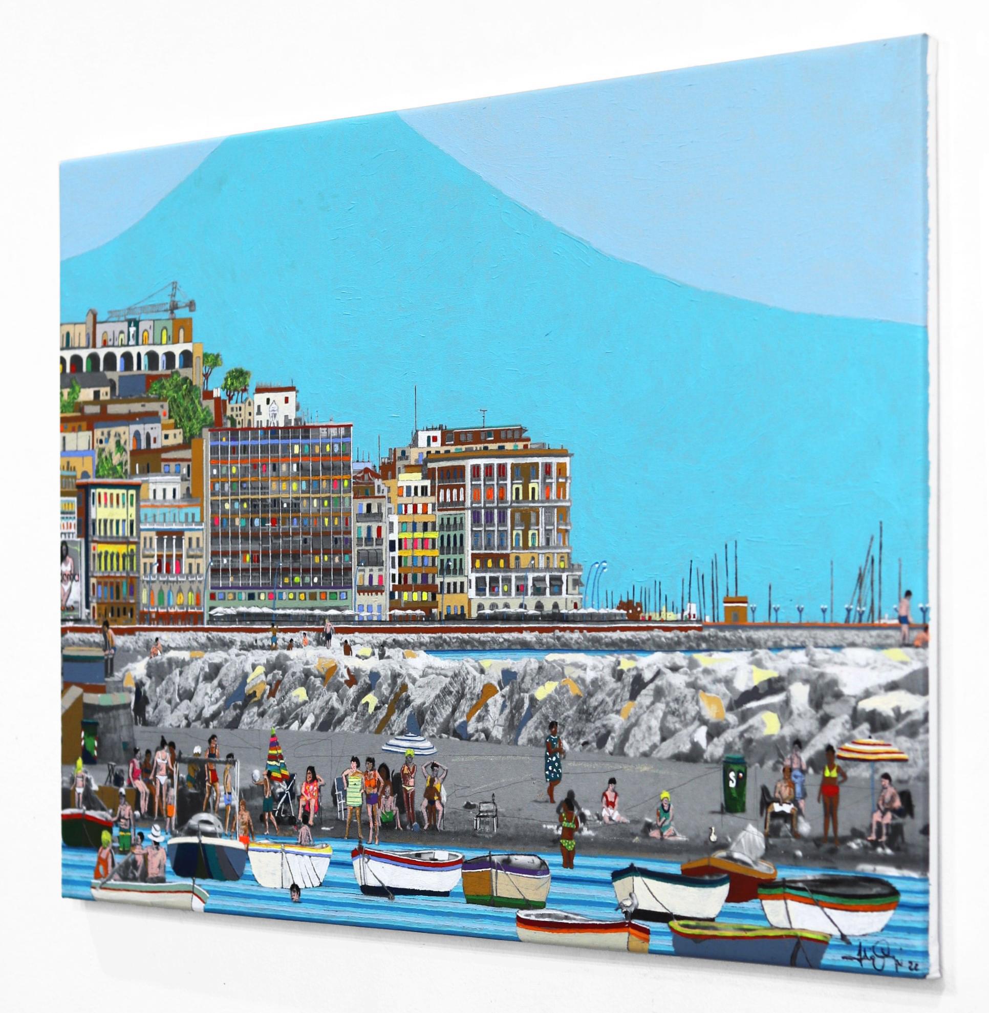 Napoli - Original Landscape Colorful Authentic Italian Beach City Painting - Pop Art Mixed Media Art by Fabio Coruzzi