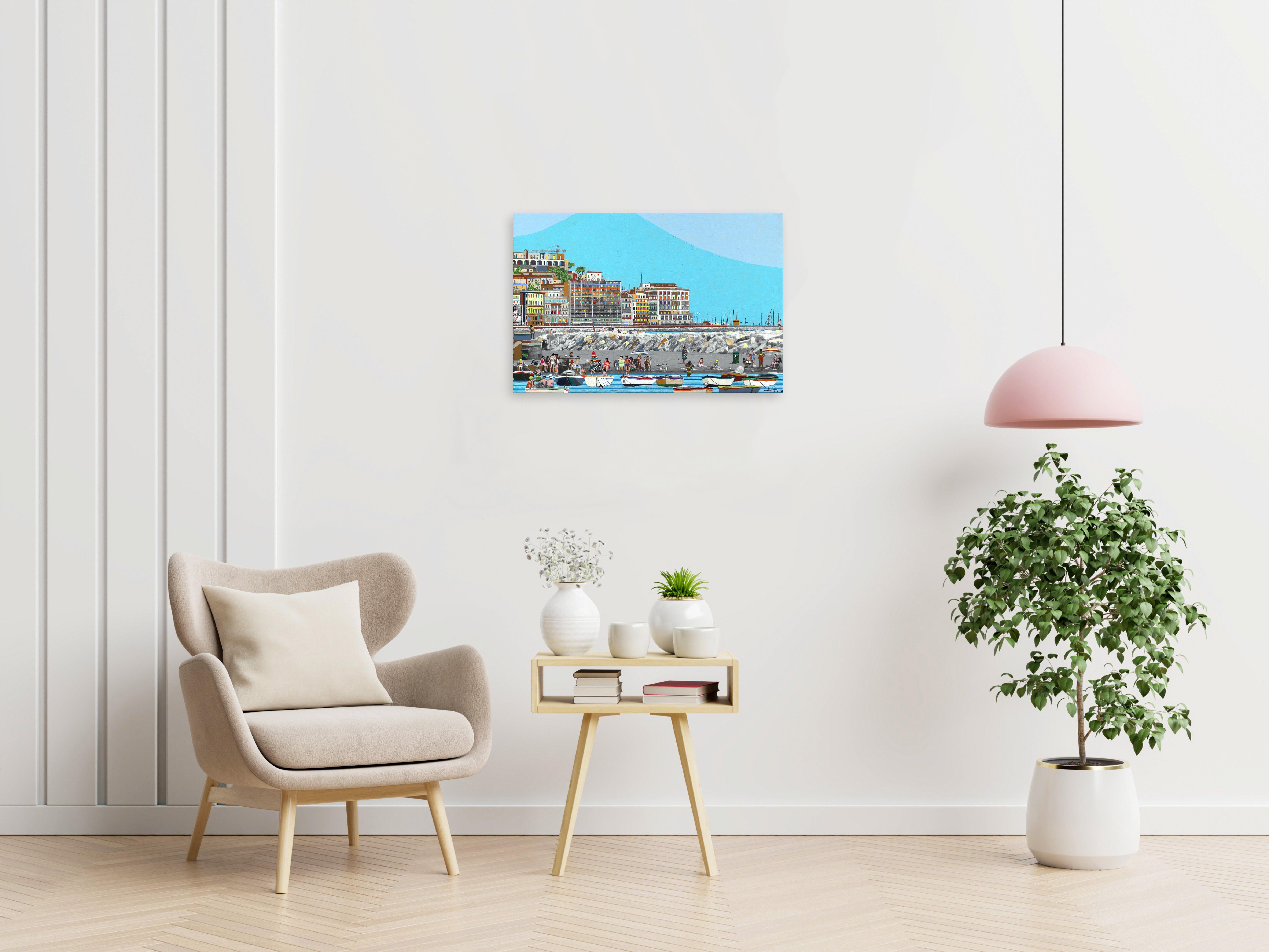 Napoli - Original Landscape Colorful Authentic Italian Beach City Painting For Sale 1