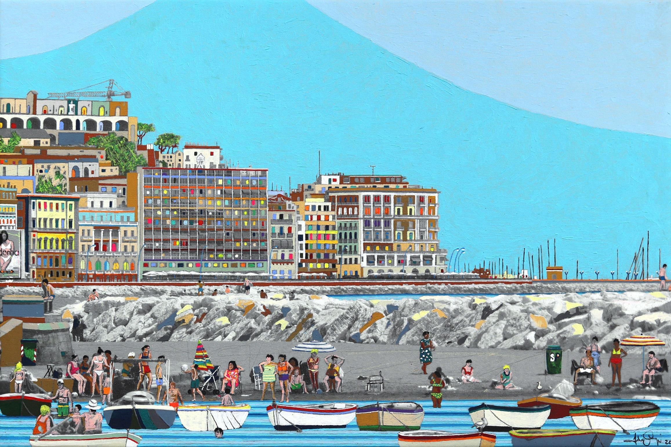 Napoli - Original Landscape Colorful Authentic Italian Beach City Painting - Mixed Media Art by Fabio Coruzzi