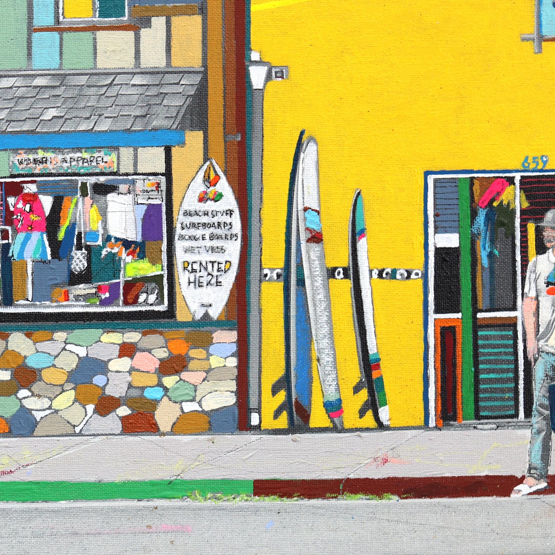 Surf Shop In Carpinteria - Original Colorful Authentic Environment Art on Canvas For Sale 2