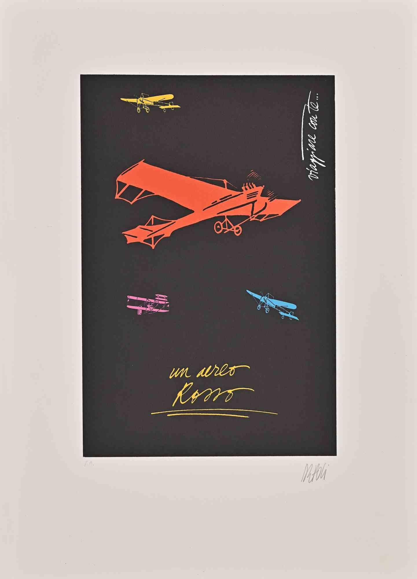 Red Aircraft is a lithograph print on ivory-colored cardboard realized by Fabio De Poli in the late 20th century.

Hand signed on the lower in pencil,  Artist's proof.

Very good conditions.