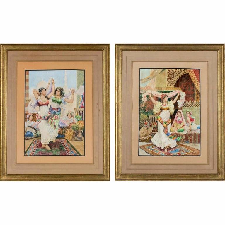 Fabio Fabbi (Italian, 1861-1946)   

An exceptional pair of Orientalist Watercolors "Harem Dancers"  

Each signed F. Fabbi, lower right.  

Each watercolor on paper   

Sight Size only: 19" high x 13" wide 
Overall watercolor without frame: 23"