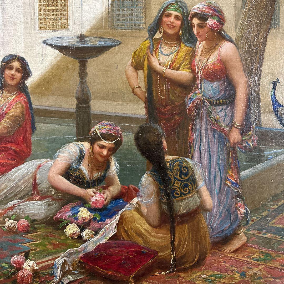 Harem Girls in the Palace Courtyard 19th Century Antique Oil Painting on Canvas For Sale 1