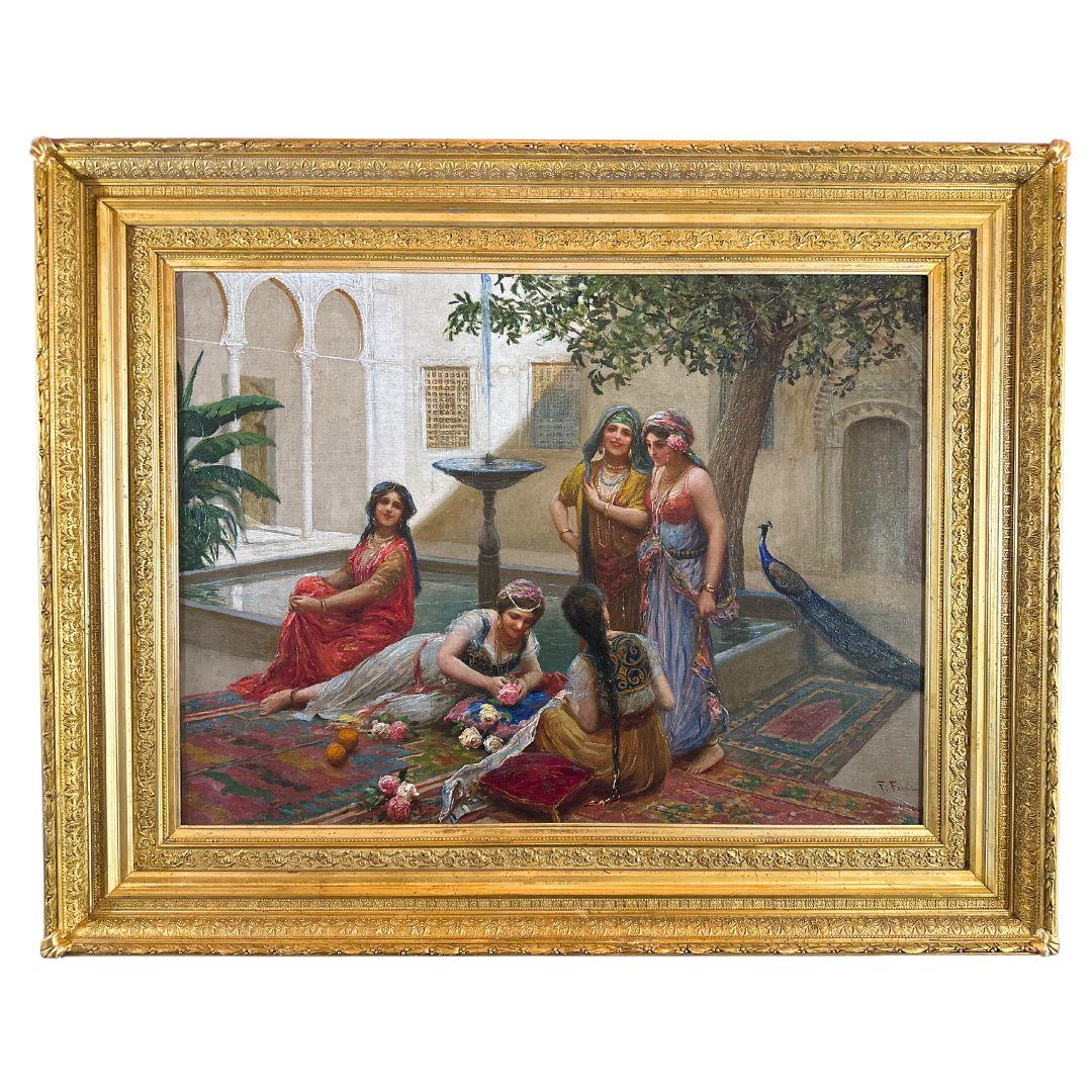 Fabio Fabbi Interior Painting - Harem Girls in the Palace Courtyard 19th Century Antique Oil Painting on Canvas