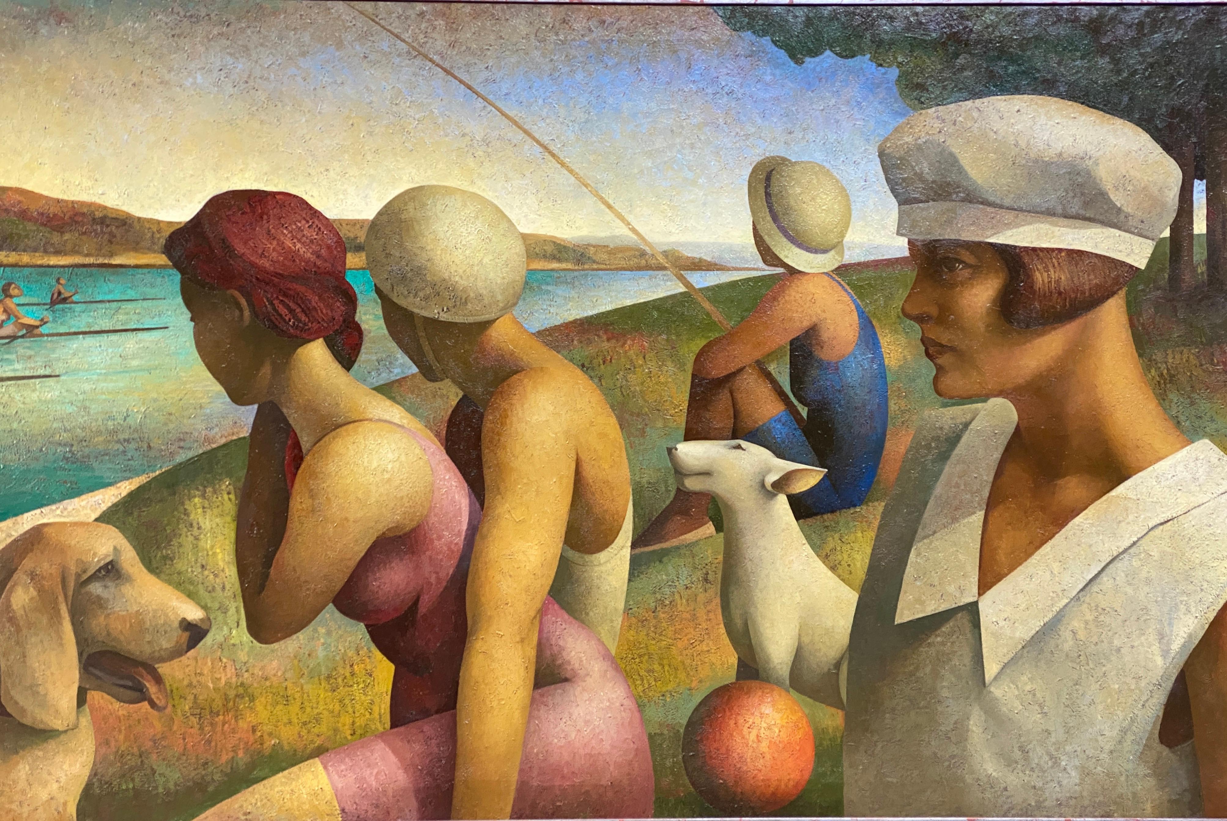 Regattas day (a tribute to Seurat). Large format Riverside scene with figures.  For Sale 5