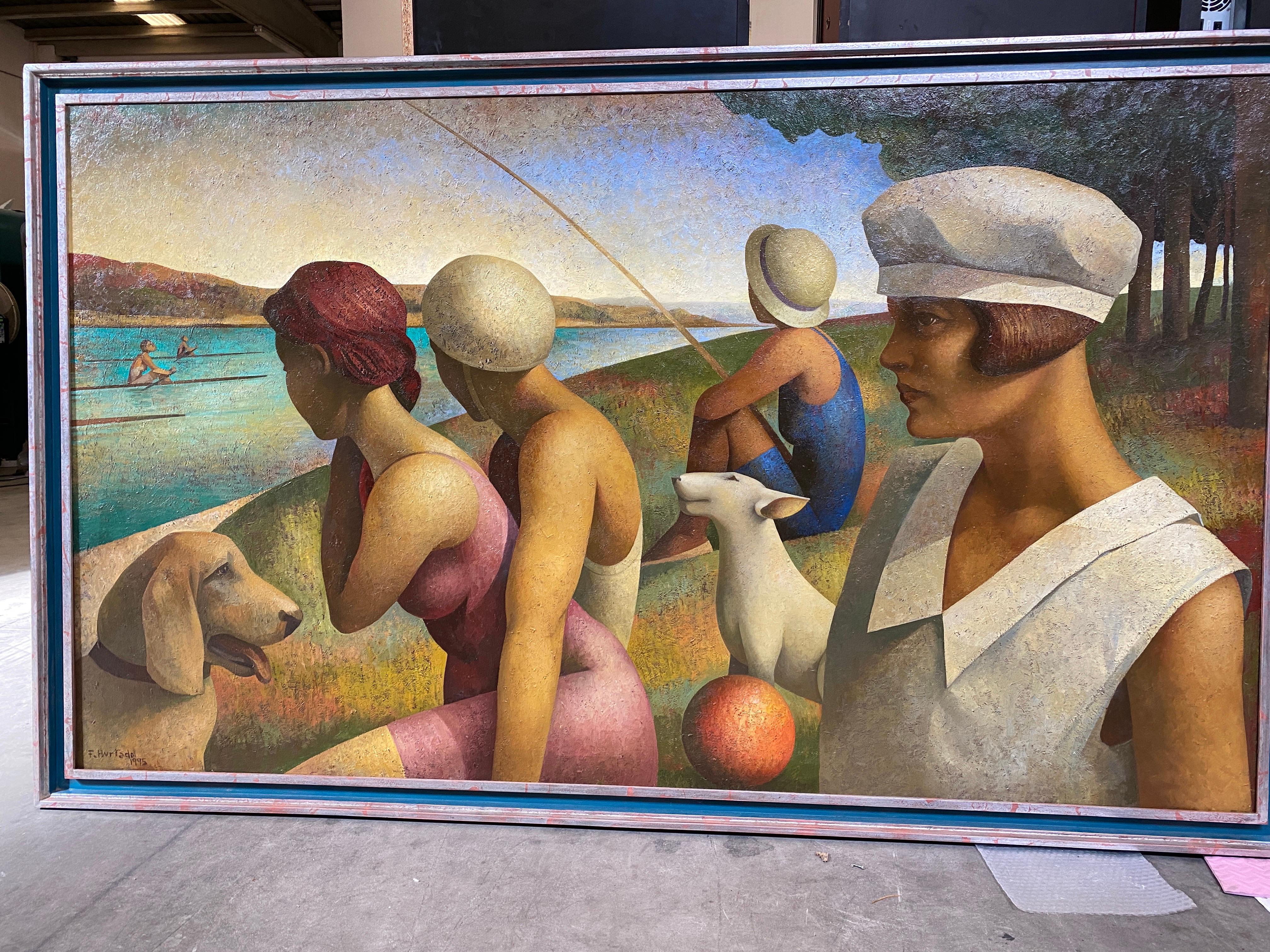 Regattas day (a tribute to Seurat). Large format Riverside scene with figures.  For Sale 6