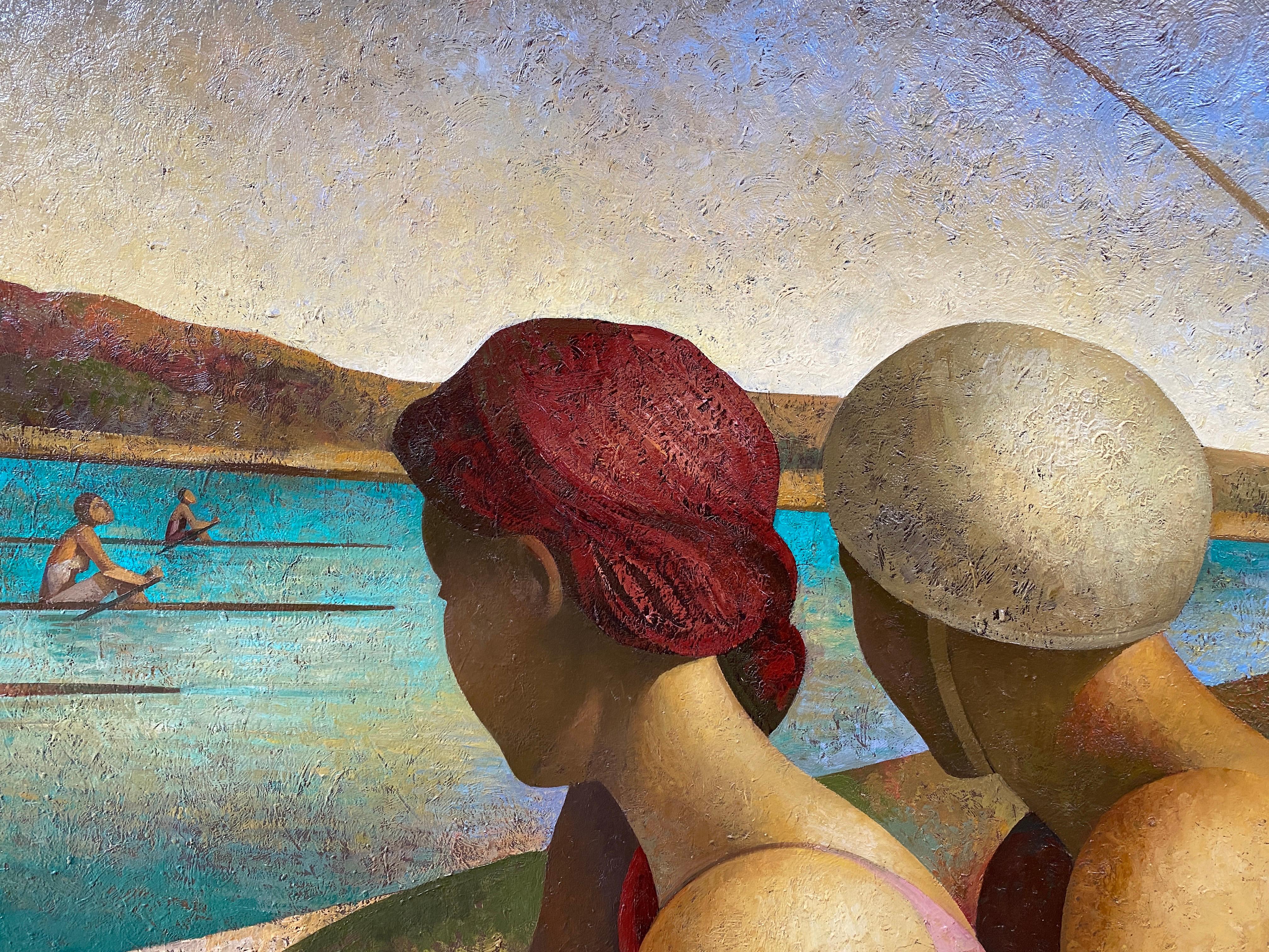 Regattas day (a tribute to Seurat). Large format Riverside scene with figures.  For Sale 3