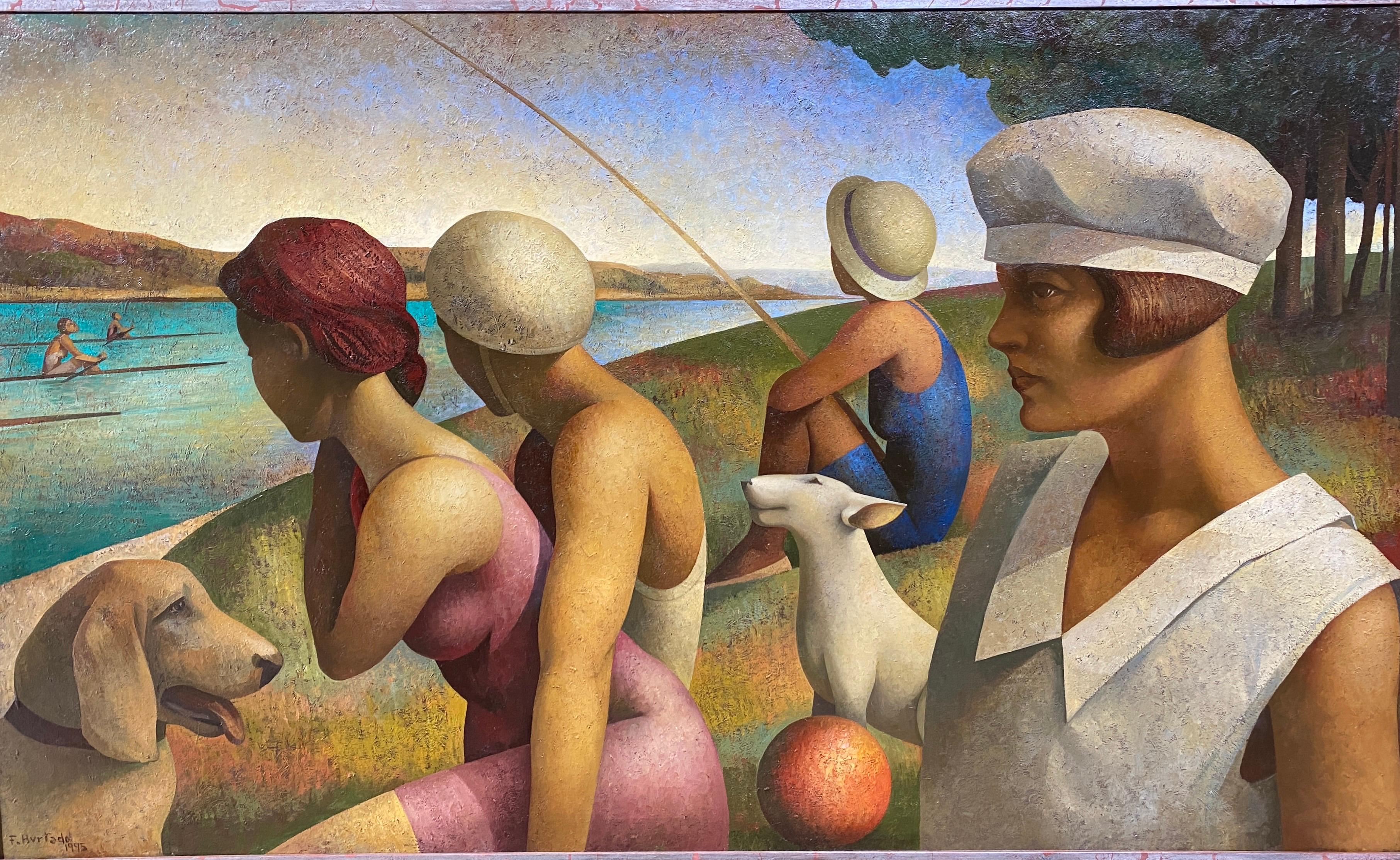 Regattas day (a tribute to Seurat). Large format Riverside scene with figures.  - Painting by Fabio Hurtado