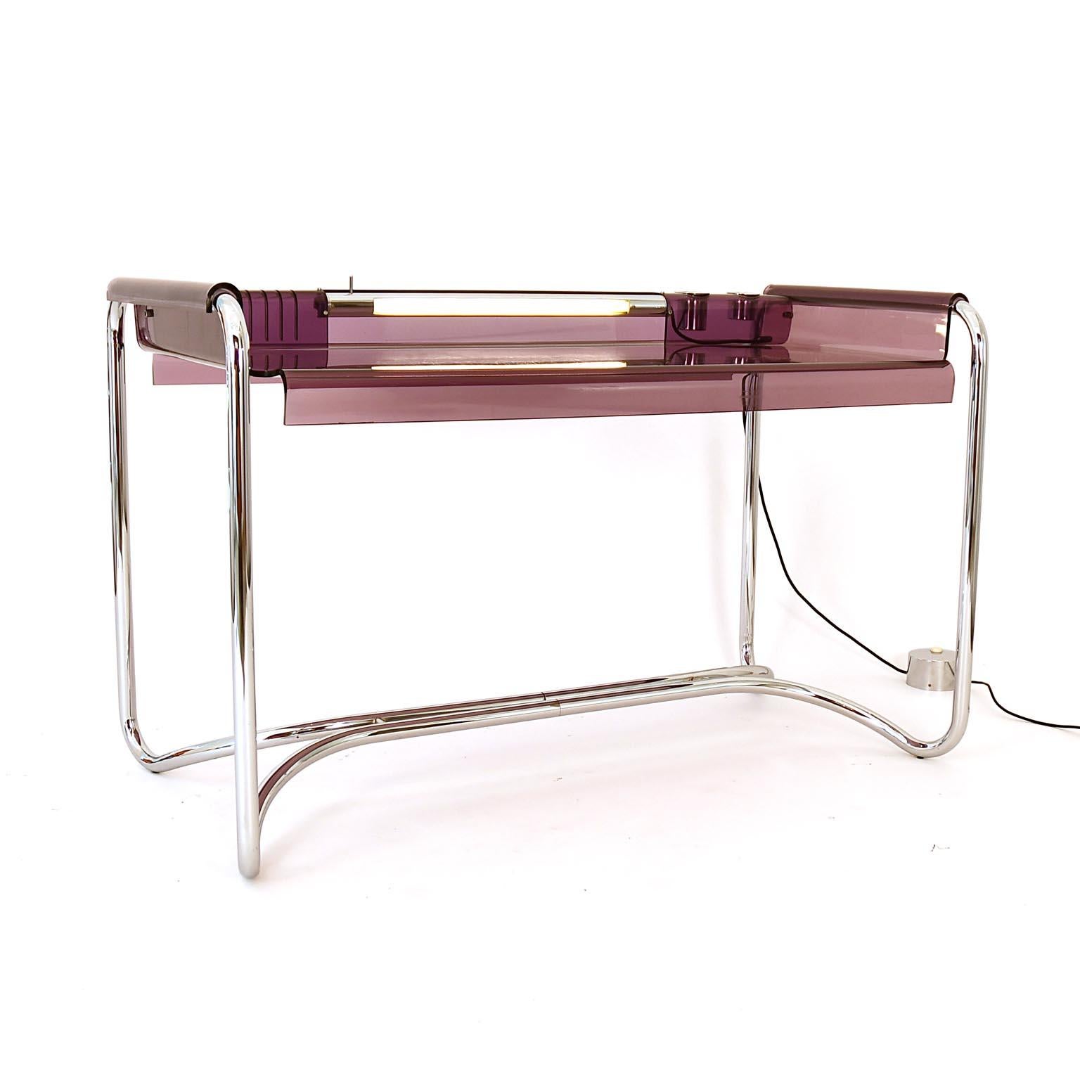 Mid-Century Modern Fabio Lenci Desk with Chair and Lamp by Formes Nouvelles, 1970s Italy Chrome