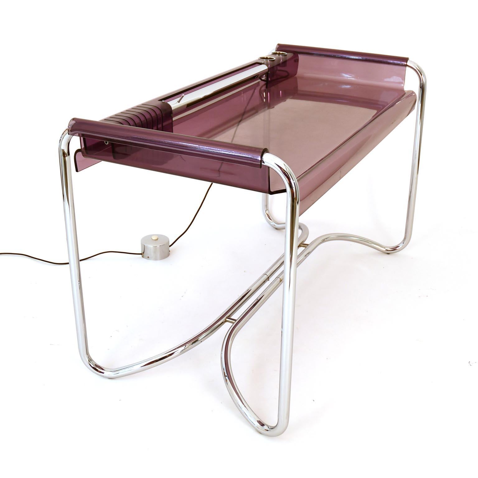 Plated Fabio Lenci Desk with Chair and Lamp by Formes Nouvelles, 1970s Italy Chrome