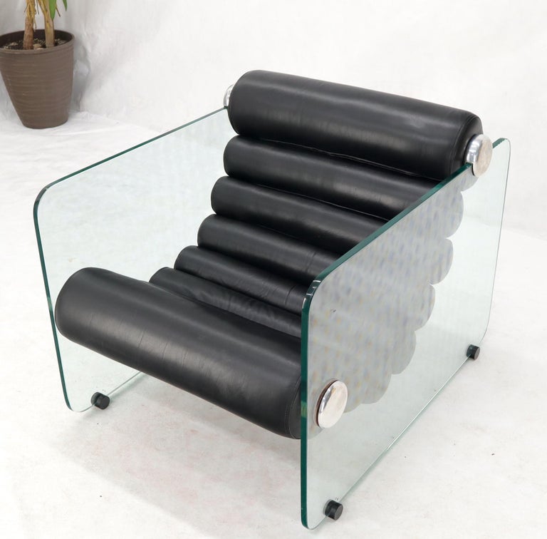 20th Century Fabio Lenci Hyaline Chair Lounge Glass Black Leather, 1974 For Sale