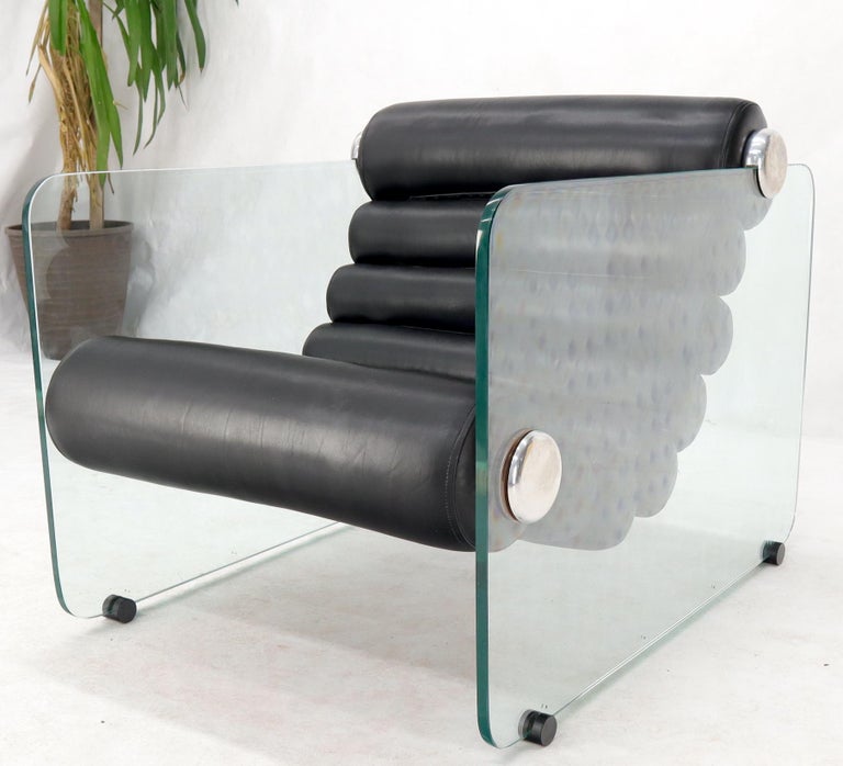 Fabio Lenci Hyaline Chair Lounge Glass Black Leather, 1974 For Sale 1