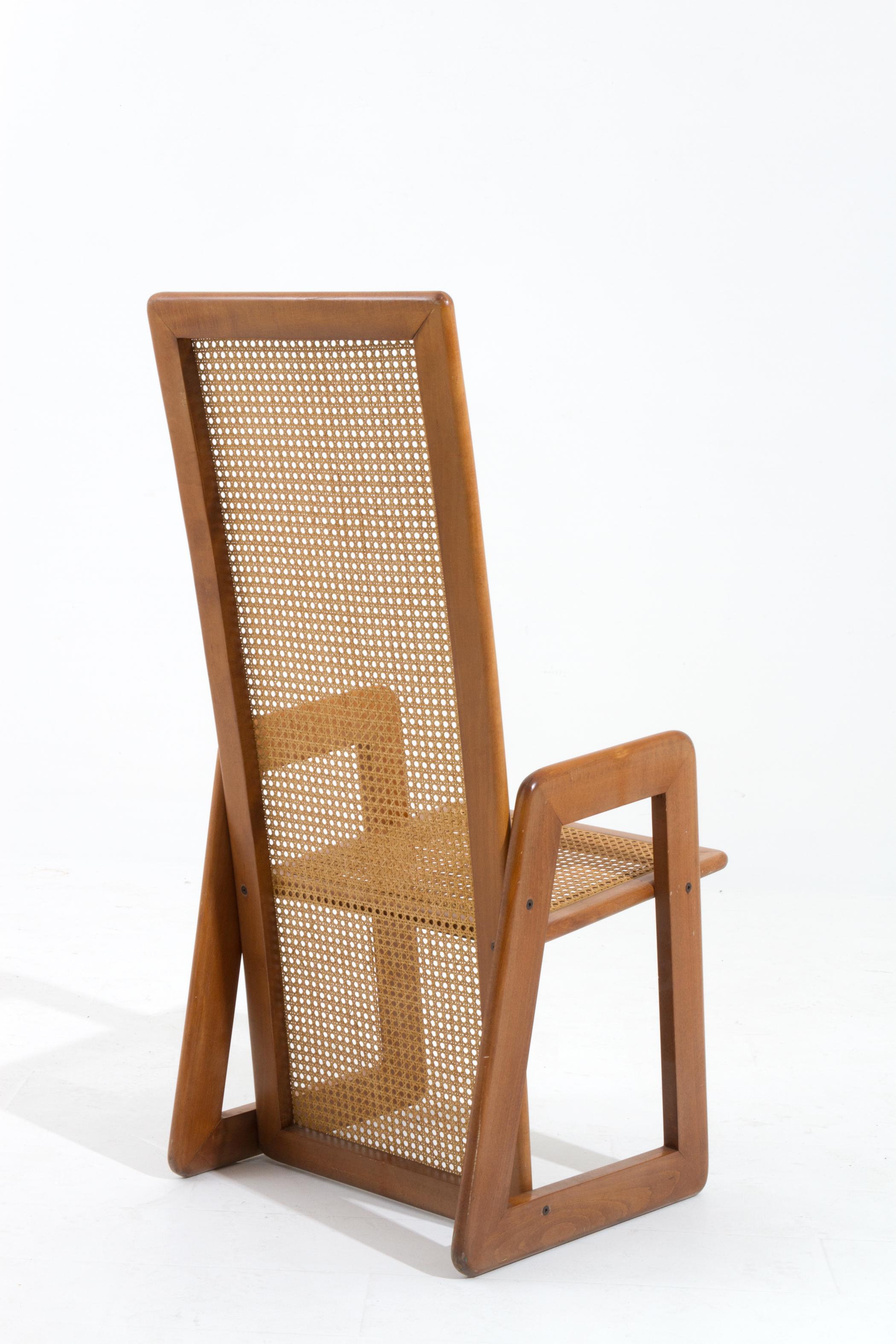 FABIO LENCI (Attr.) (Rome, 1935) 
Six chairs in wood and Vienna straw with high backs. 1970
Measurements : Length. cm. 52 Height cm. 155 Depth cm. 60 approx.
Location Italy, Milan