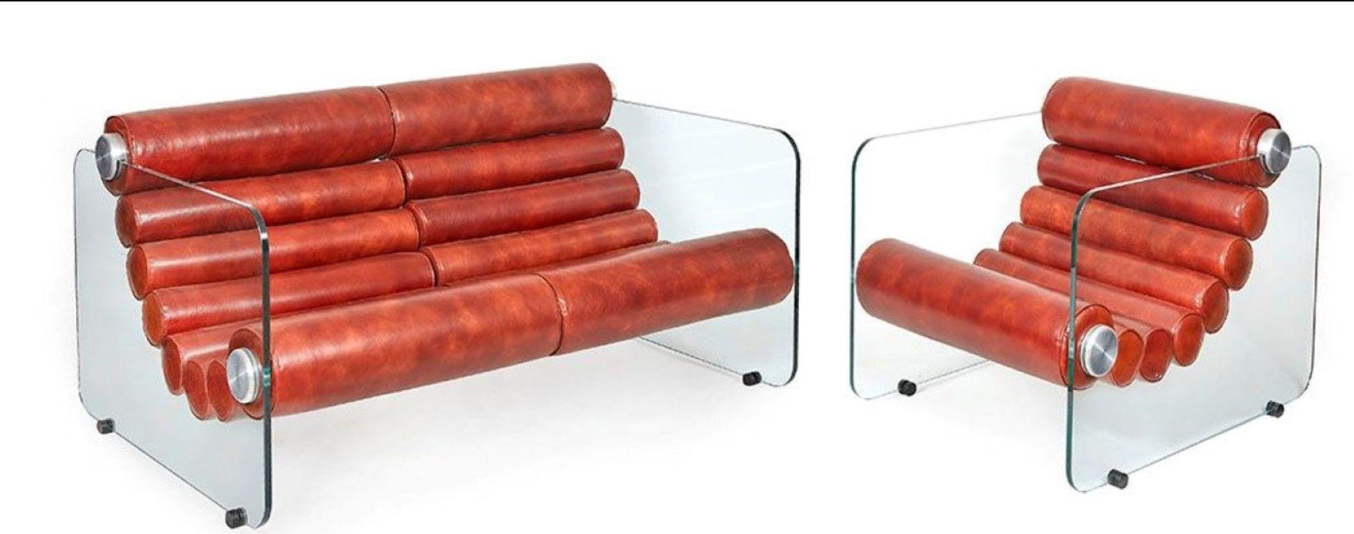 italien FABIO LENCI - sofá y sillón modulables en cuero y cristal. en vente