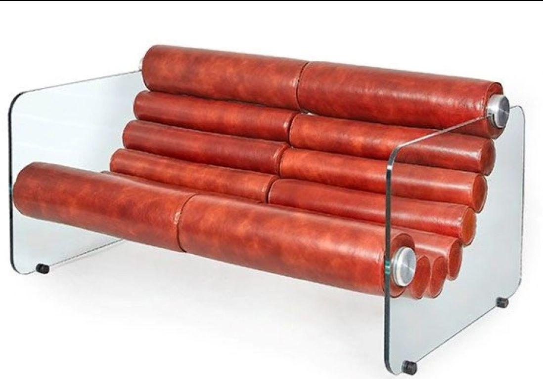 20ième siècle FABIO LENCI - sofá y sillón modulables en cuero y cristal. en vente