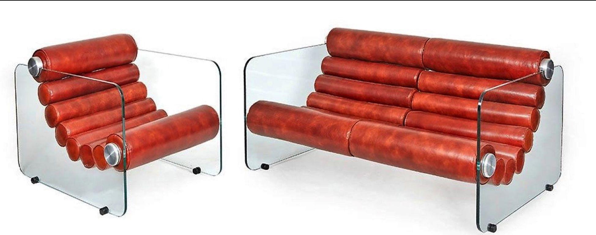 Leather FABIO LENCI - sofá y sillón modulables en cuero y cristal. For Sale
