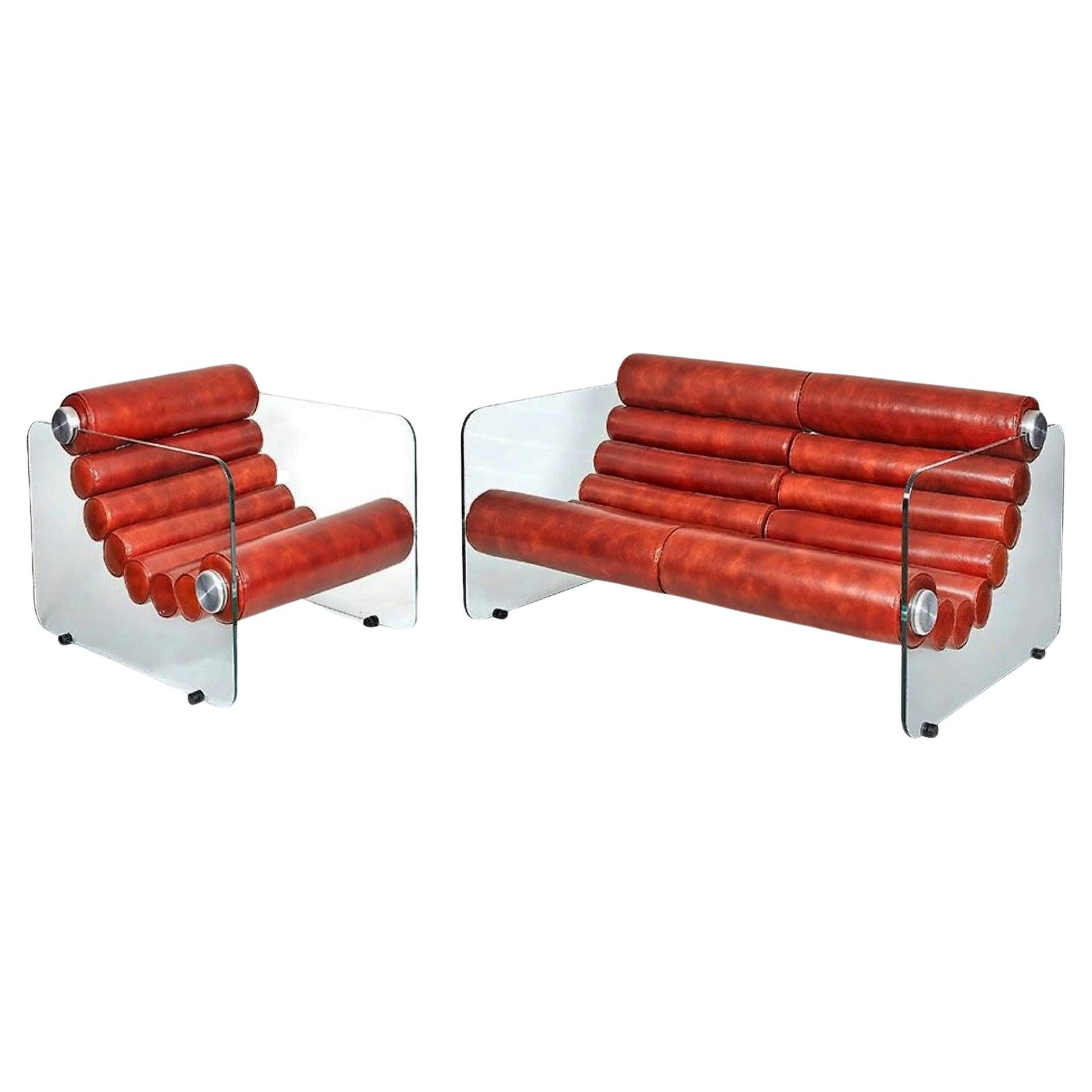 FABIO LENCI - sofá y sillón modulables en cuero y cristal.