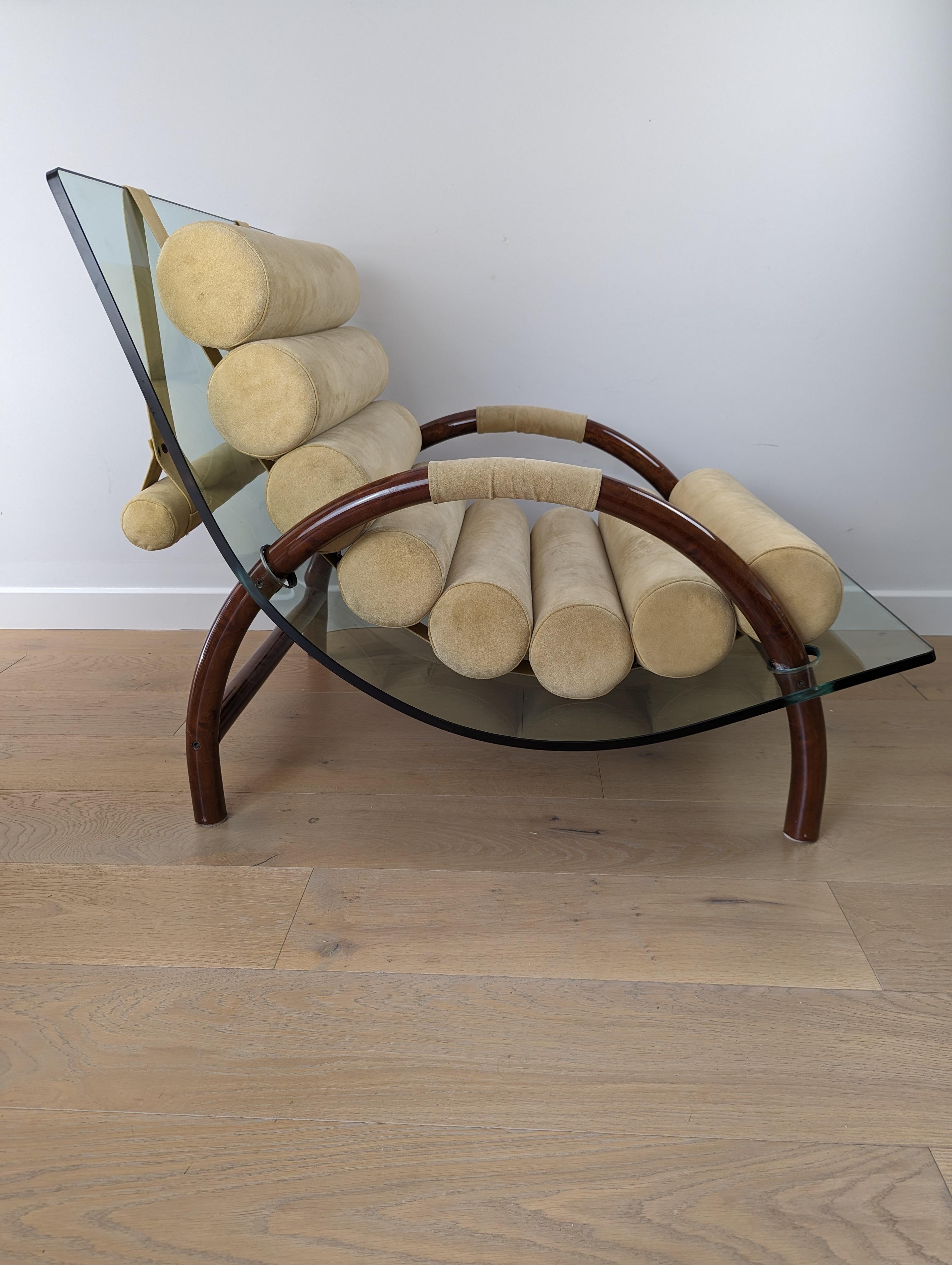 Fabio Lenci style curved glass arm chair with burled walnut base and cushions 3