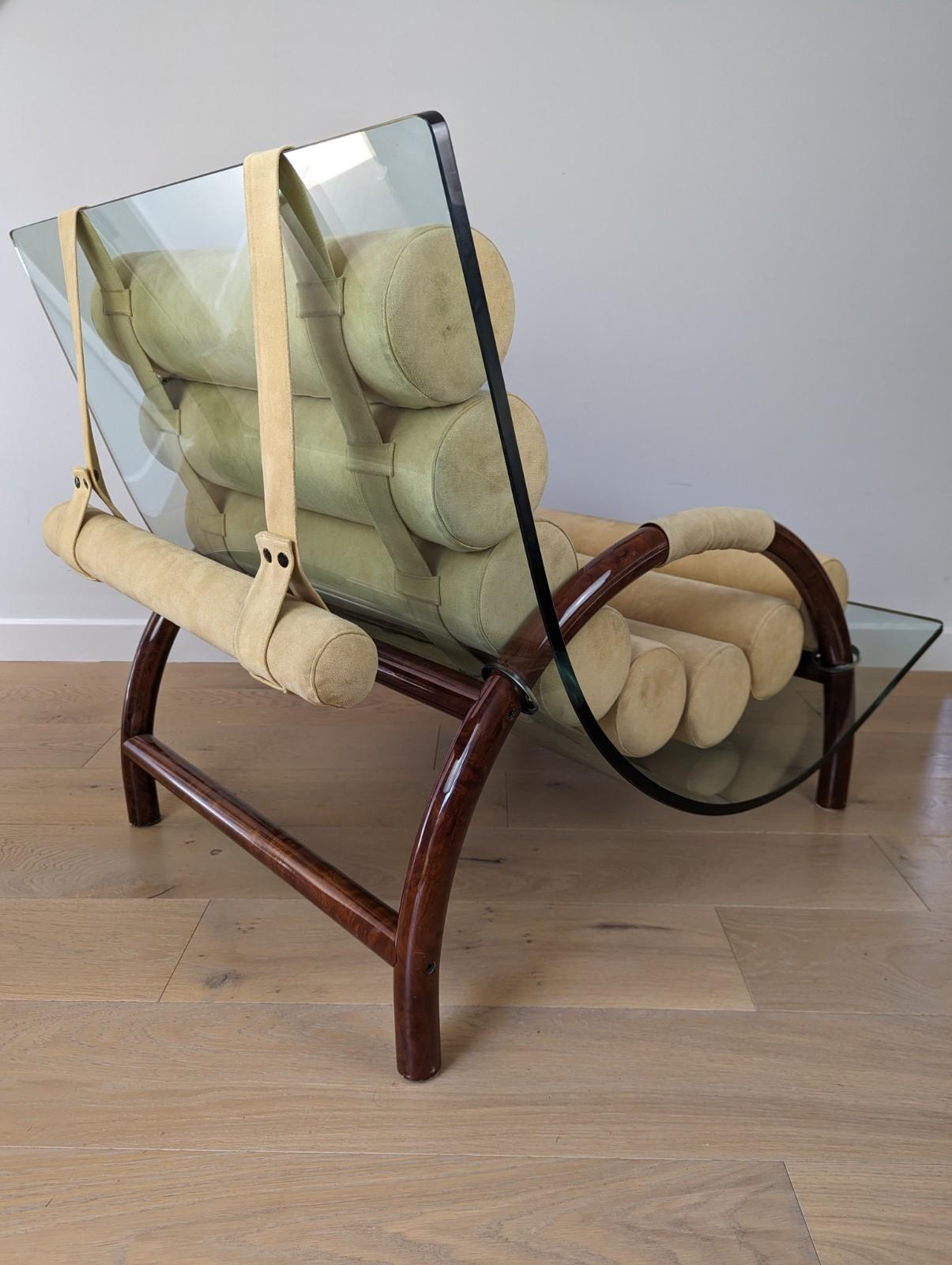 Fabio Lenci style curved glass arm chair with burled walnut base and cushions 4