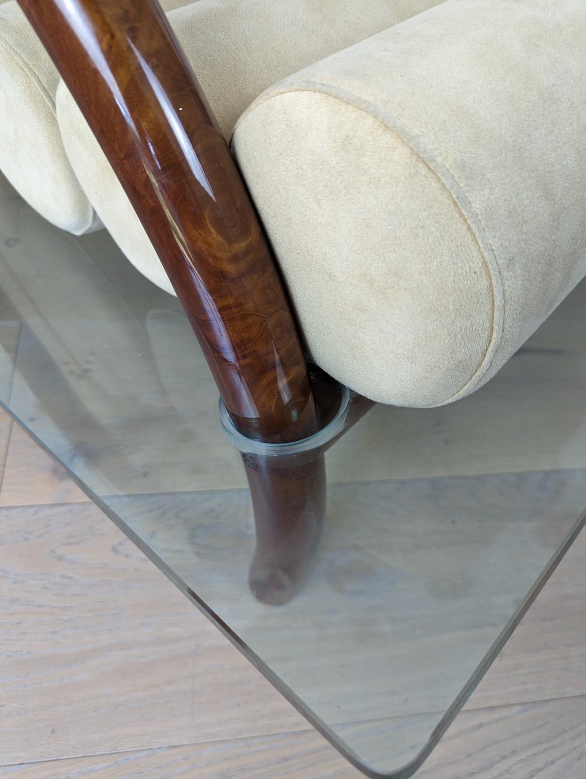 Fabio Lenci style curved glass arm chair with burled walnut base and cushions 5